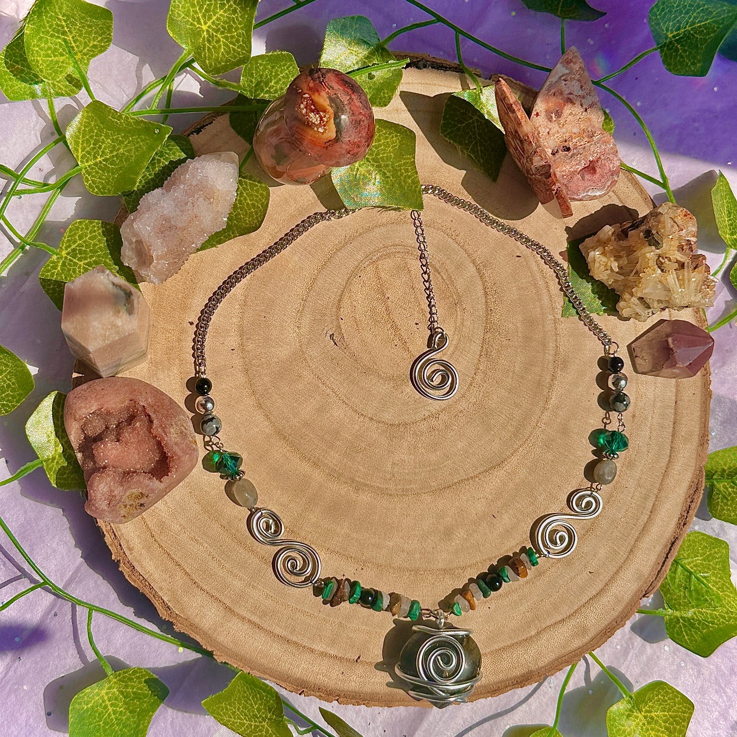 natures transformation necklace ~ labradorite, malachite, obsidian, snowflake obsidian, tigers eye, quartz