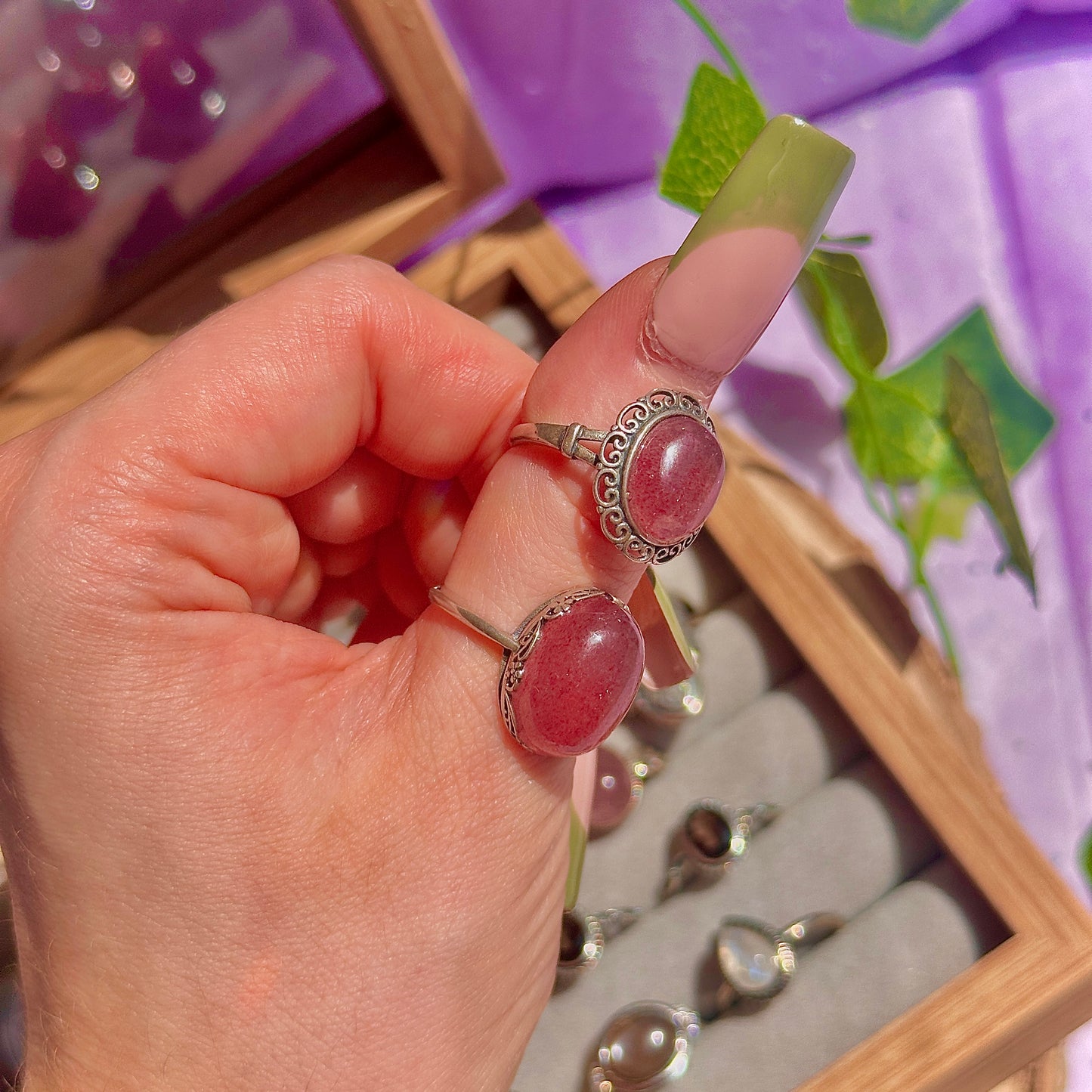 strawberry quartz 925 sterling silver adjustable ring ~ style a