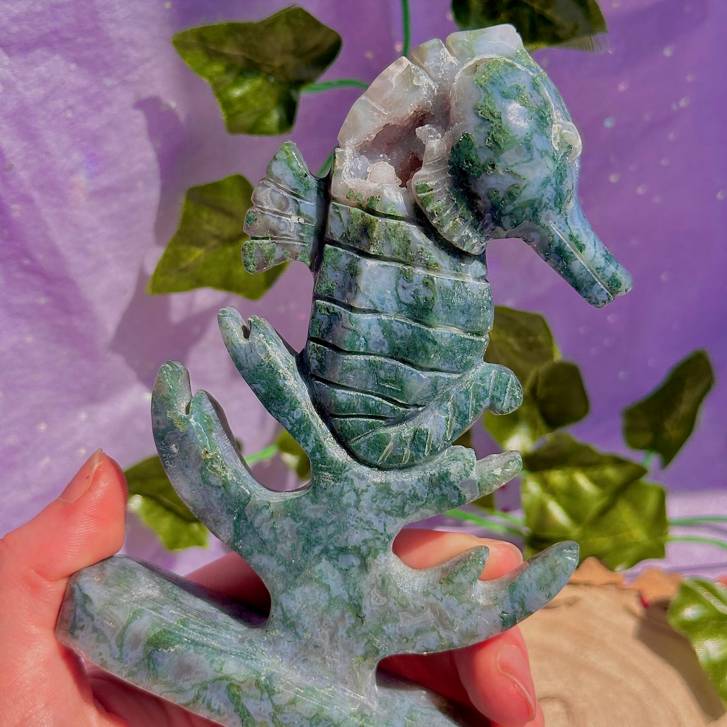 moss agate sea horse carving ~ self standing