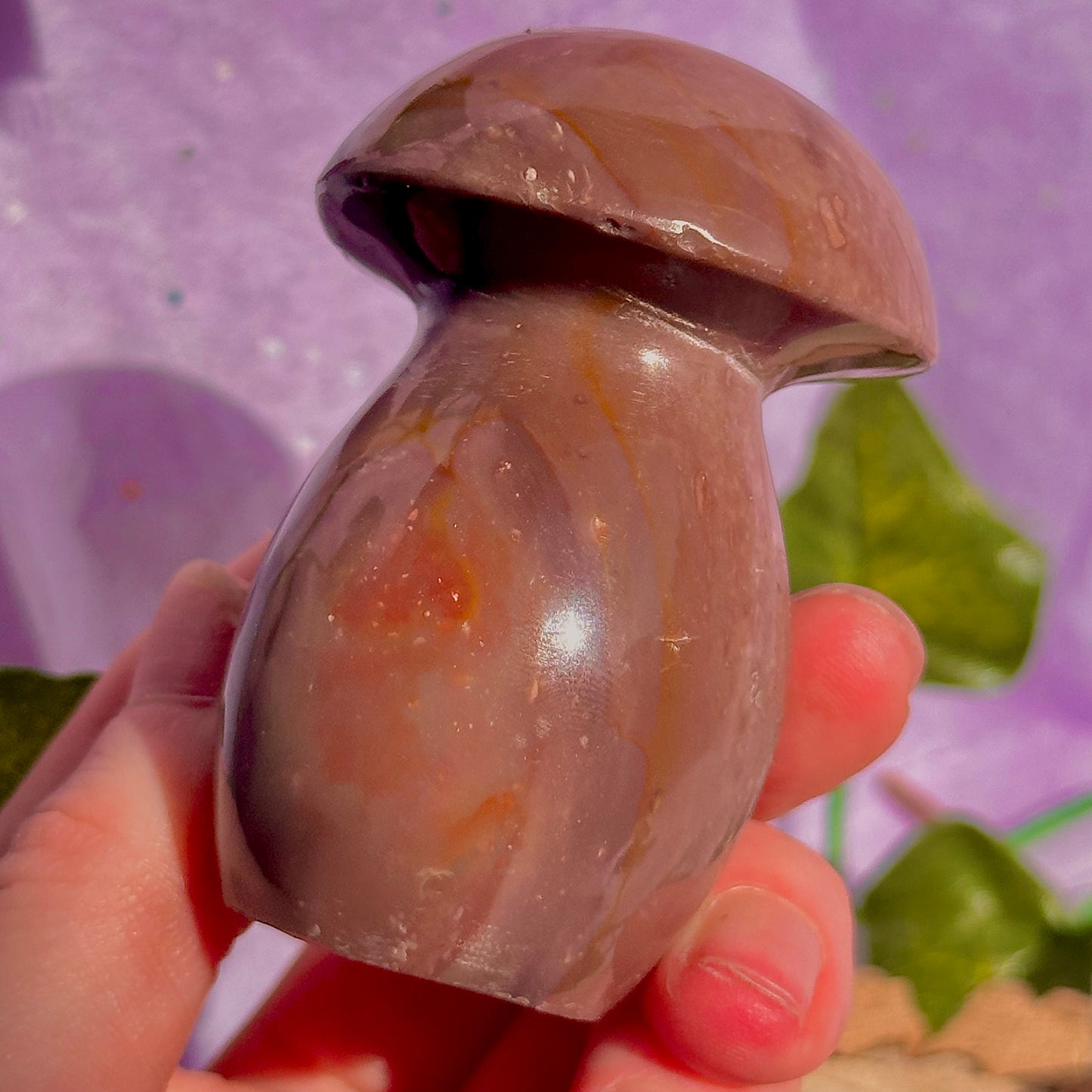 dusty mauve sea jasper mushroom carving