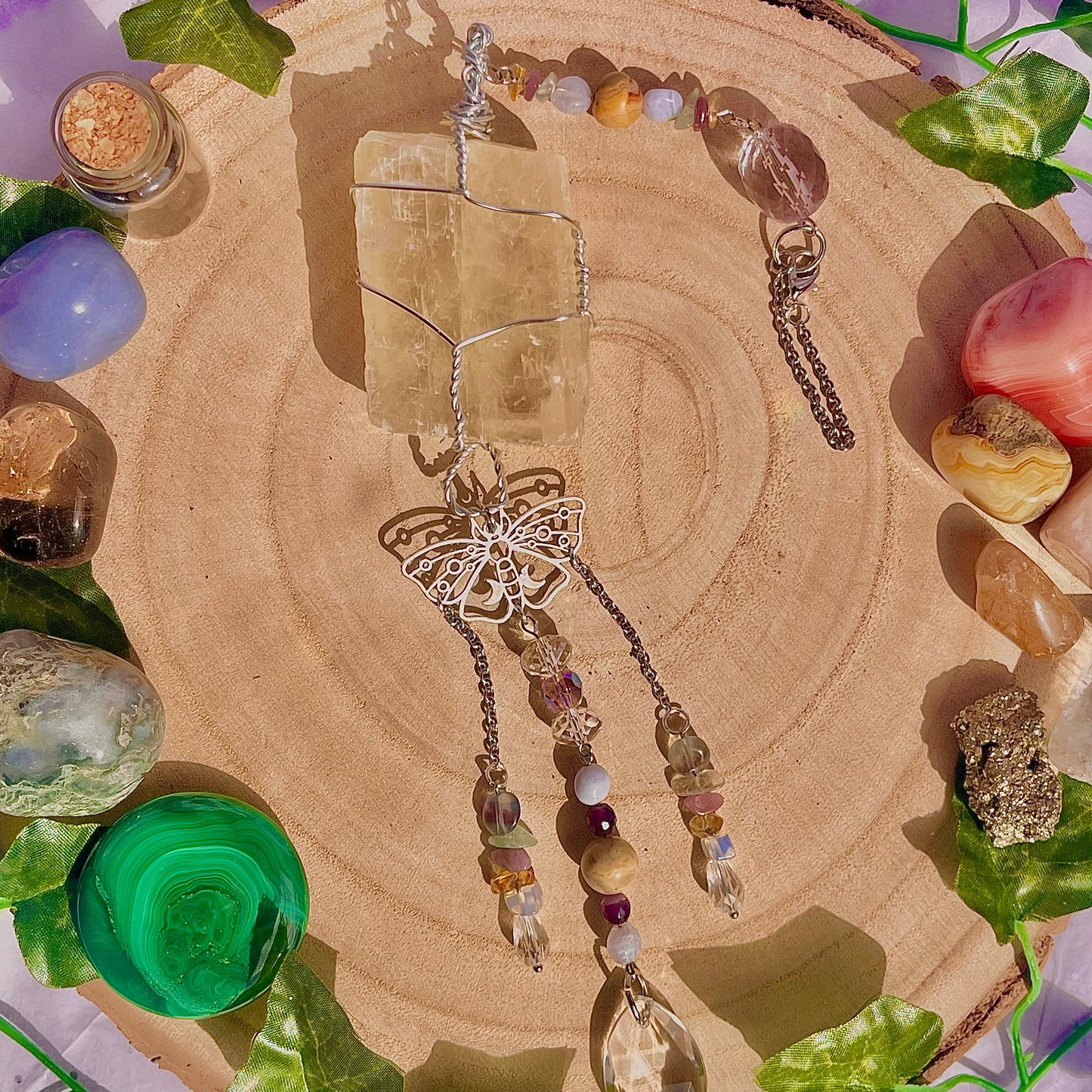 butterfly garden suncatcher / wall hanging ~ optical calcite, crazy lace, blue lace, citrine, lepidolite, fluorite & amethyst