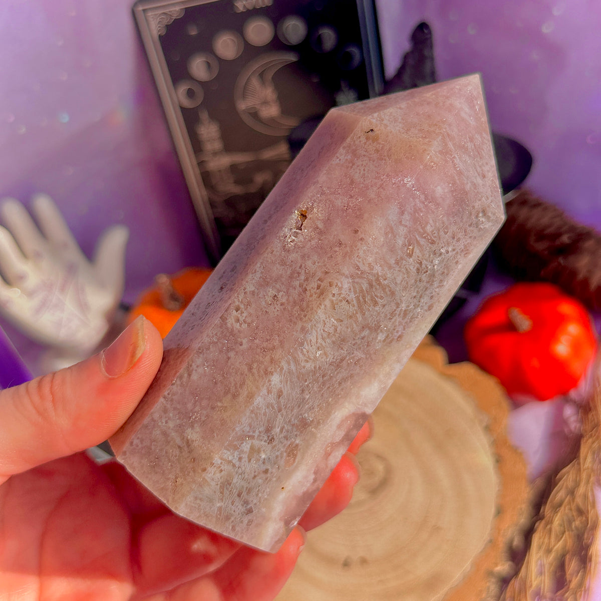 pink amethyst x flower agate chunky tower with dendrites