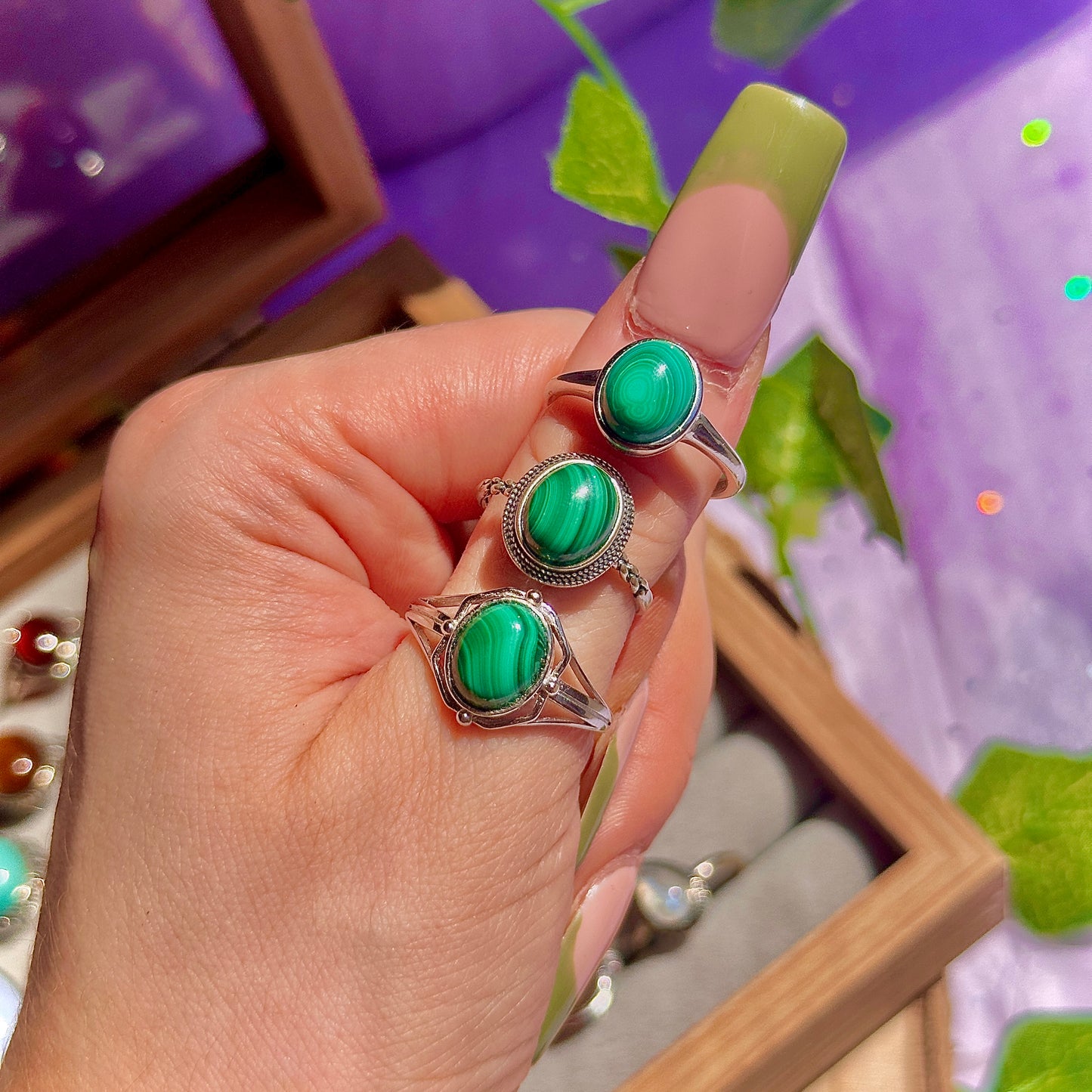malachite 925 sterling silver adjustable ring
