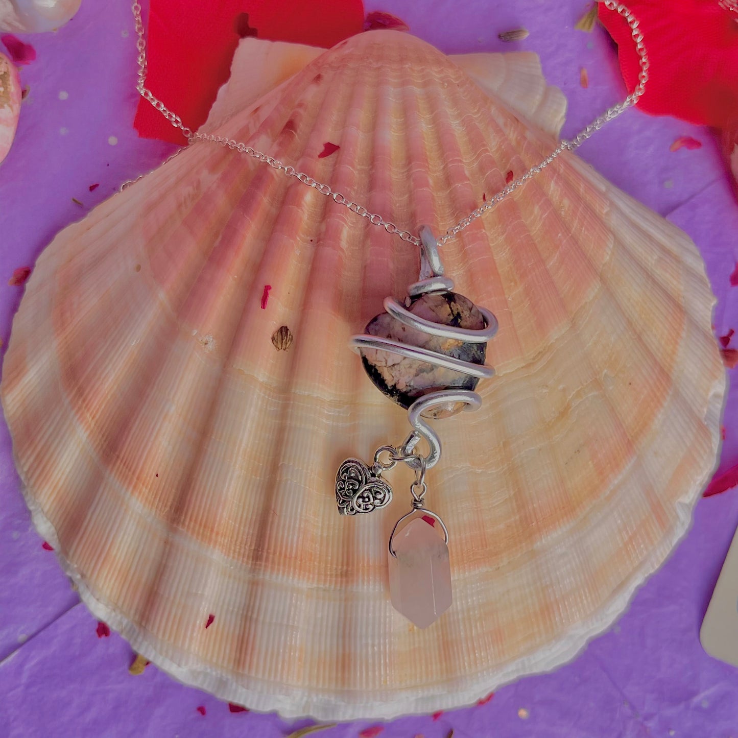 wrapped around my heart necklace sterling silver plated 18 inch chain ~ rhodonite & rose quartz
