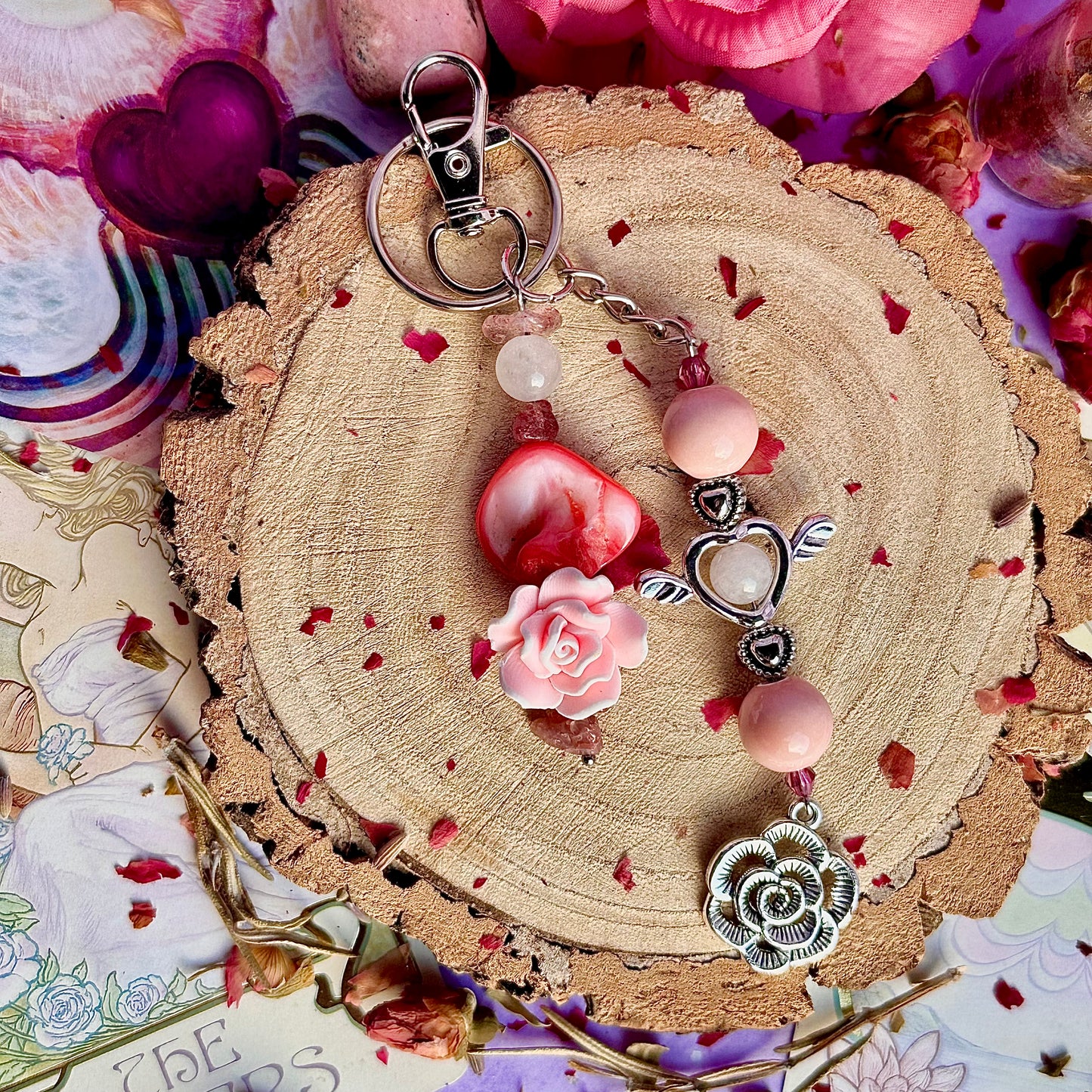 breloque de sac / porte-clés ange rose ~ quartz rose & quartz fraise