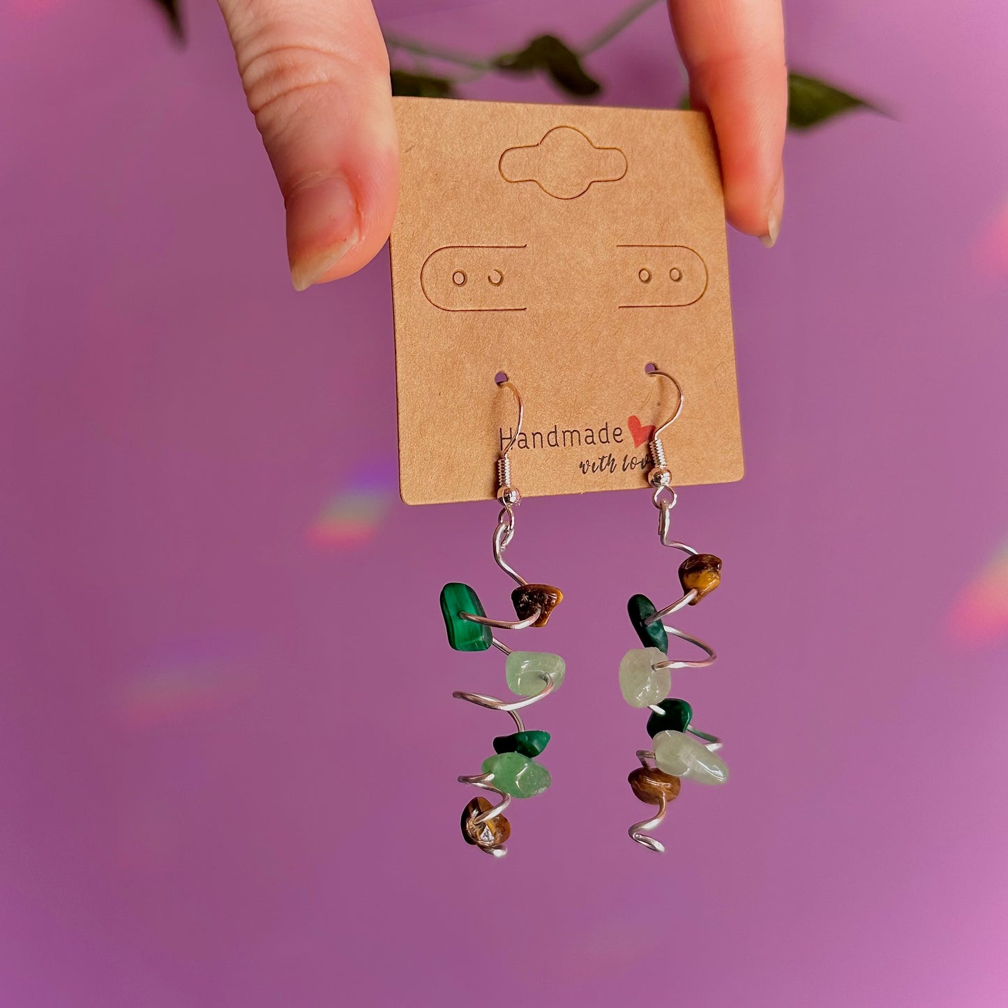 spiral earrings on 925 hooks ~ malachite, tigers eye, aventurine