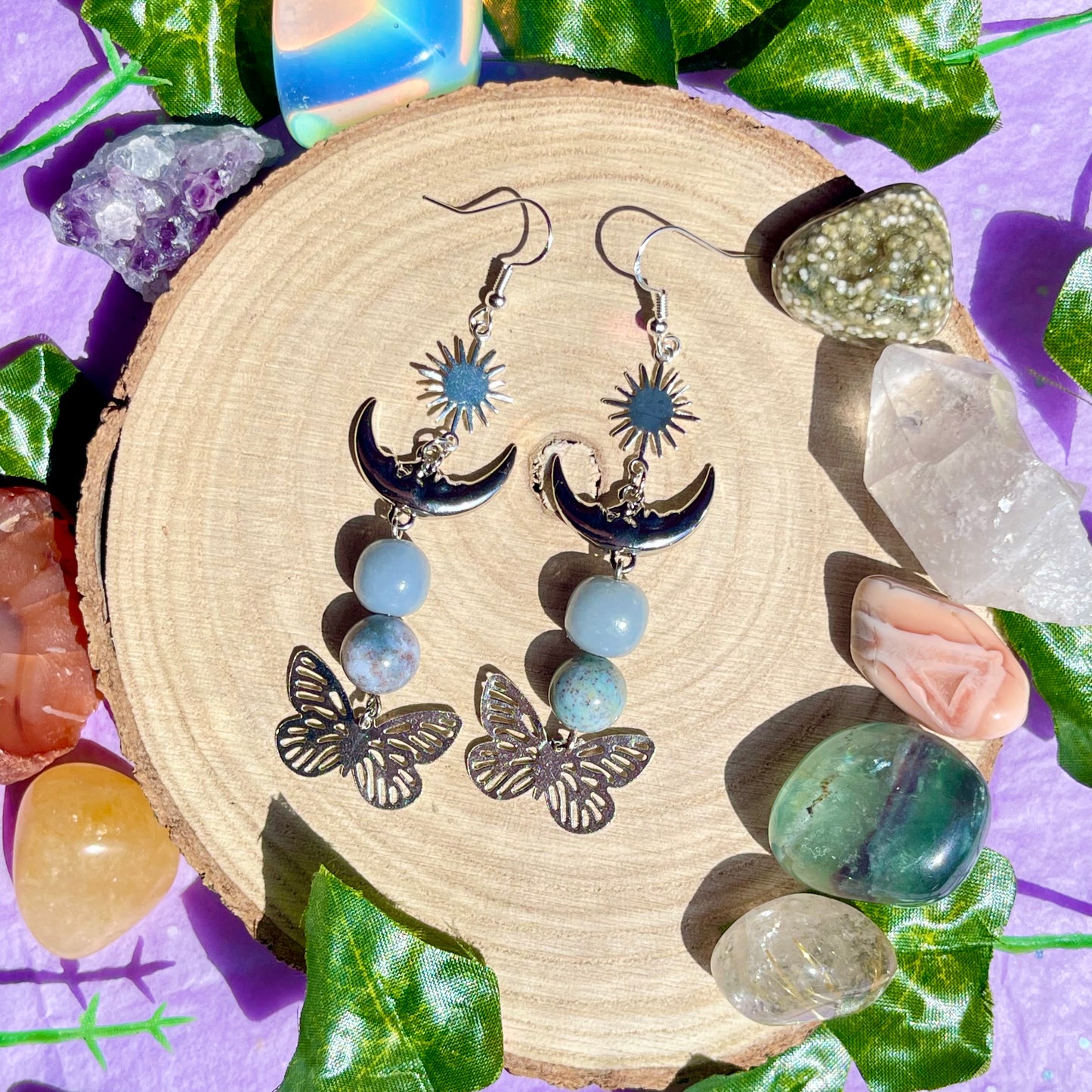 summer wings earrings - angelite & moss agate on 925 hooks