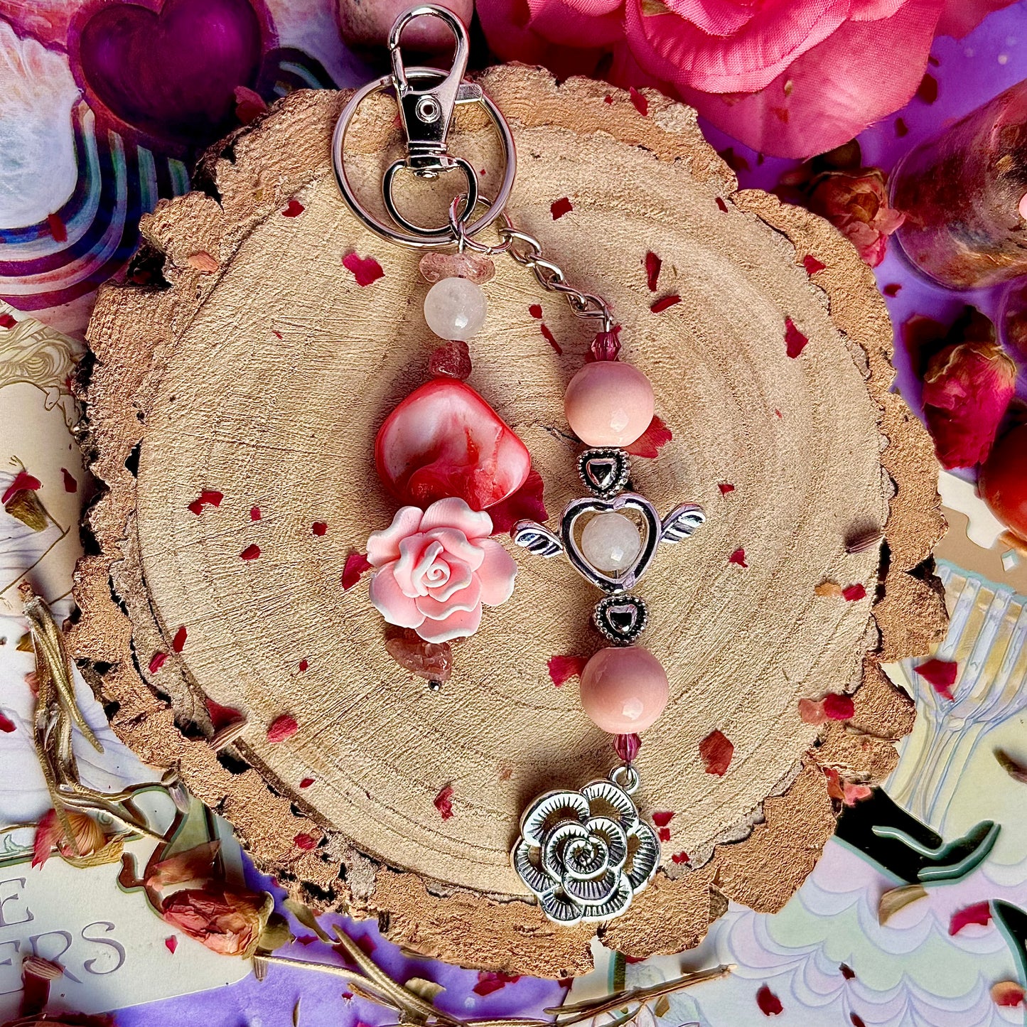 breloque de sac / porte-clés ange rose ~ quartz rose & quartz fraise