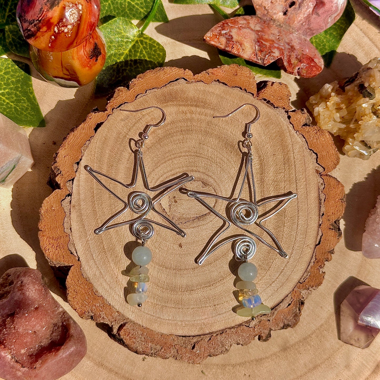 star spirals earrings ~ aquamarine, opalite, citrine, olive jade on 925 hooks