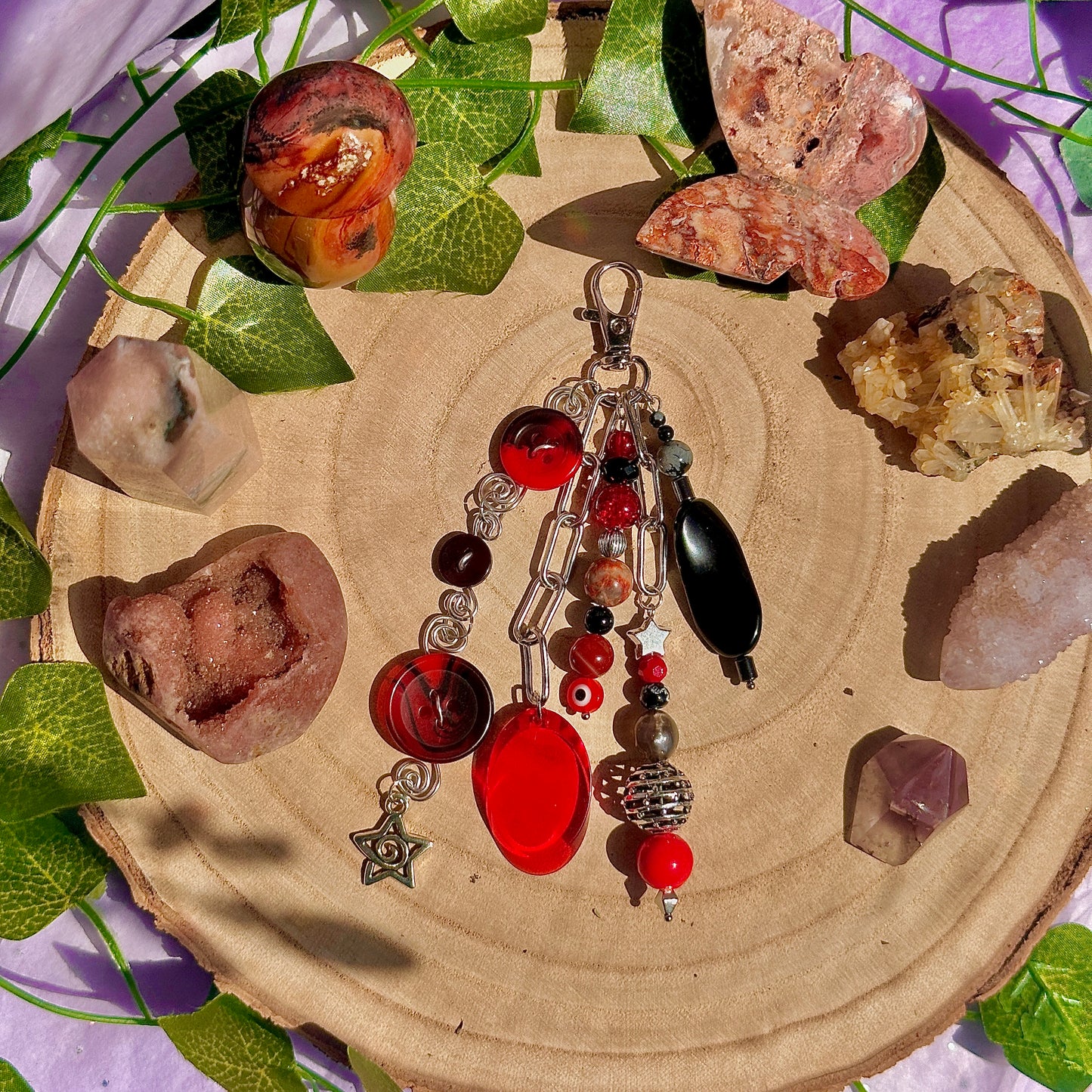 push the button bag charm ~ carnelian, obsidian, crazy lace agate, hematite, snowflake obsidian