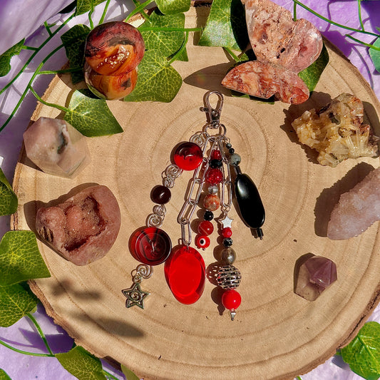push the button bag charm ~ carnelian, obsidian, crazy lace agate, hematite, snowflake obsidian