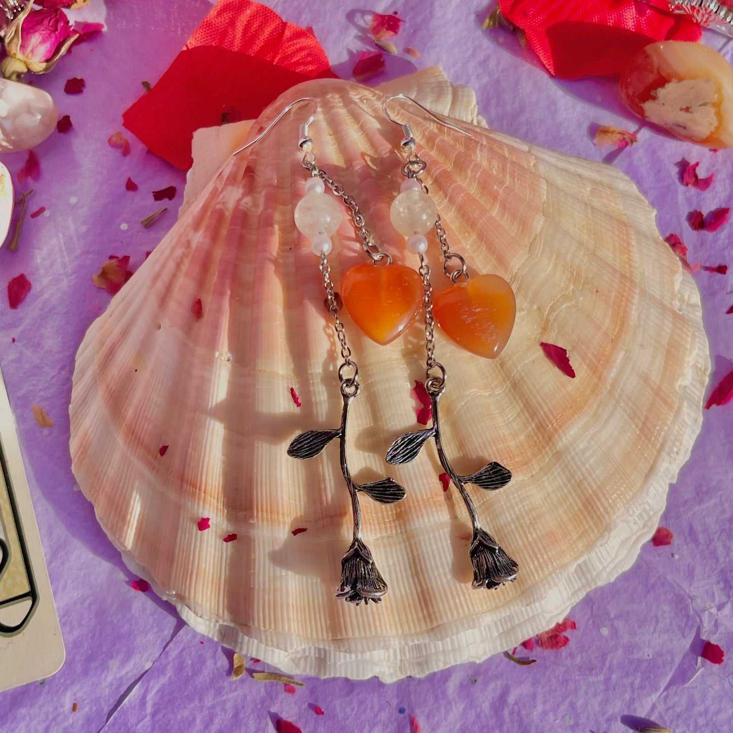 hearts & roses earrings on 925 sterling silver hooks ~ carnelian & rose quartz