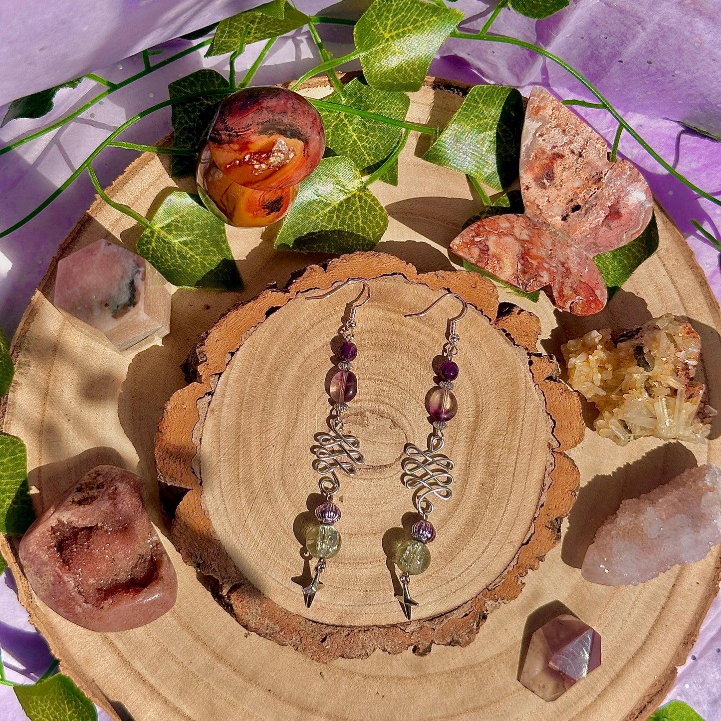 sunset lanterns earrings ~ amethyst, fluorite on 925 hooks