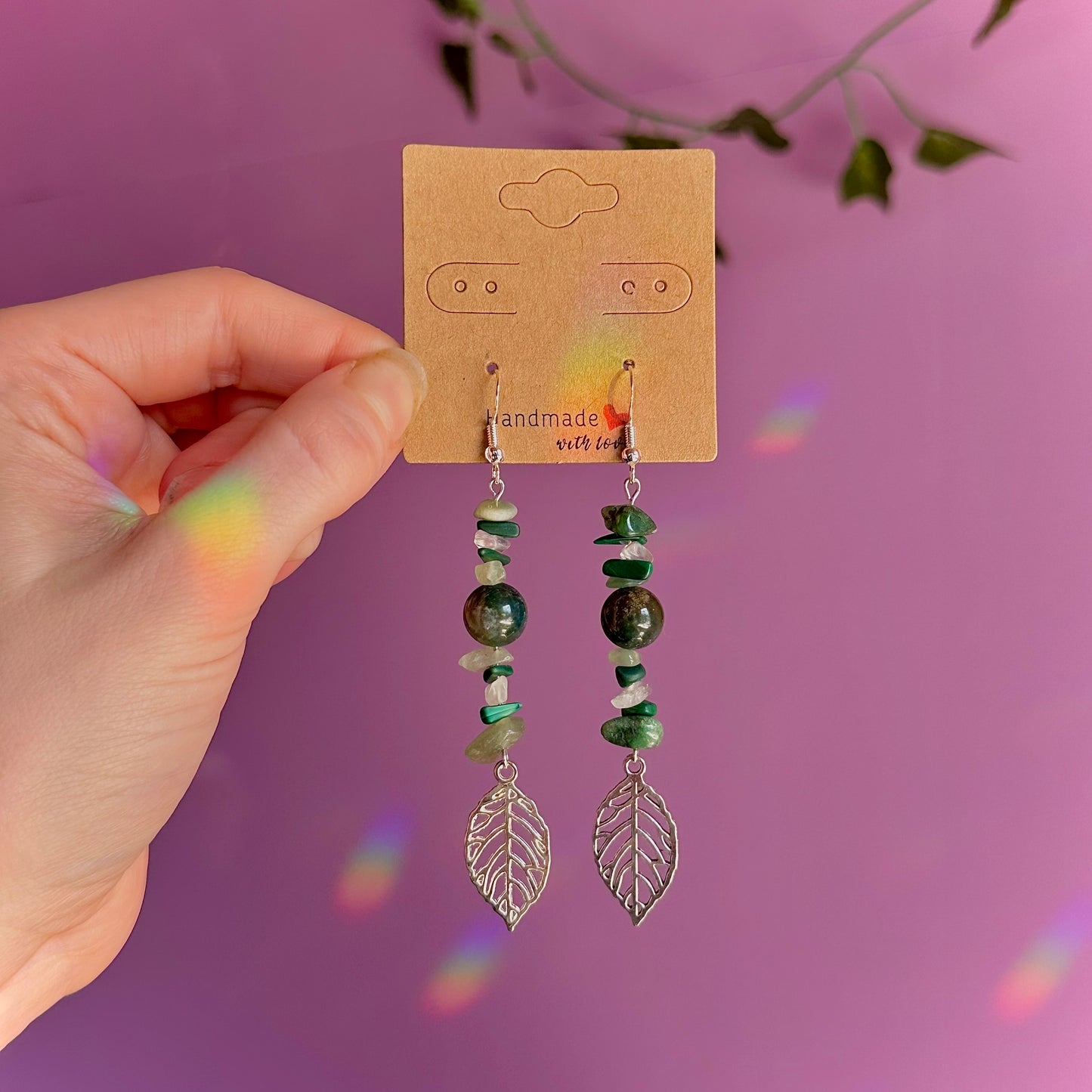 leaf earrings on 925 hooks ~ aventurine, malachite, moss agate, fluorite