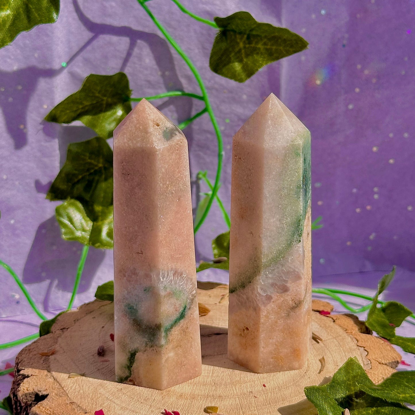 pink amethyst with green jasper towers ~ intuitively chosen