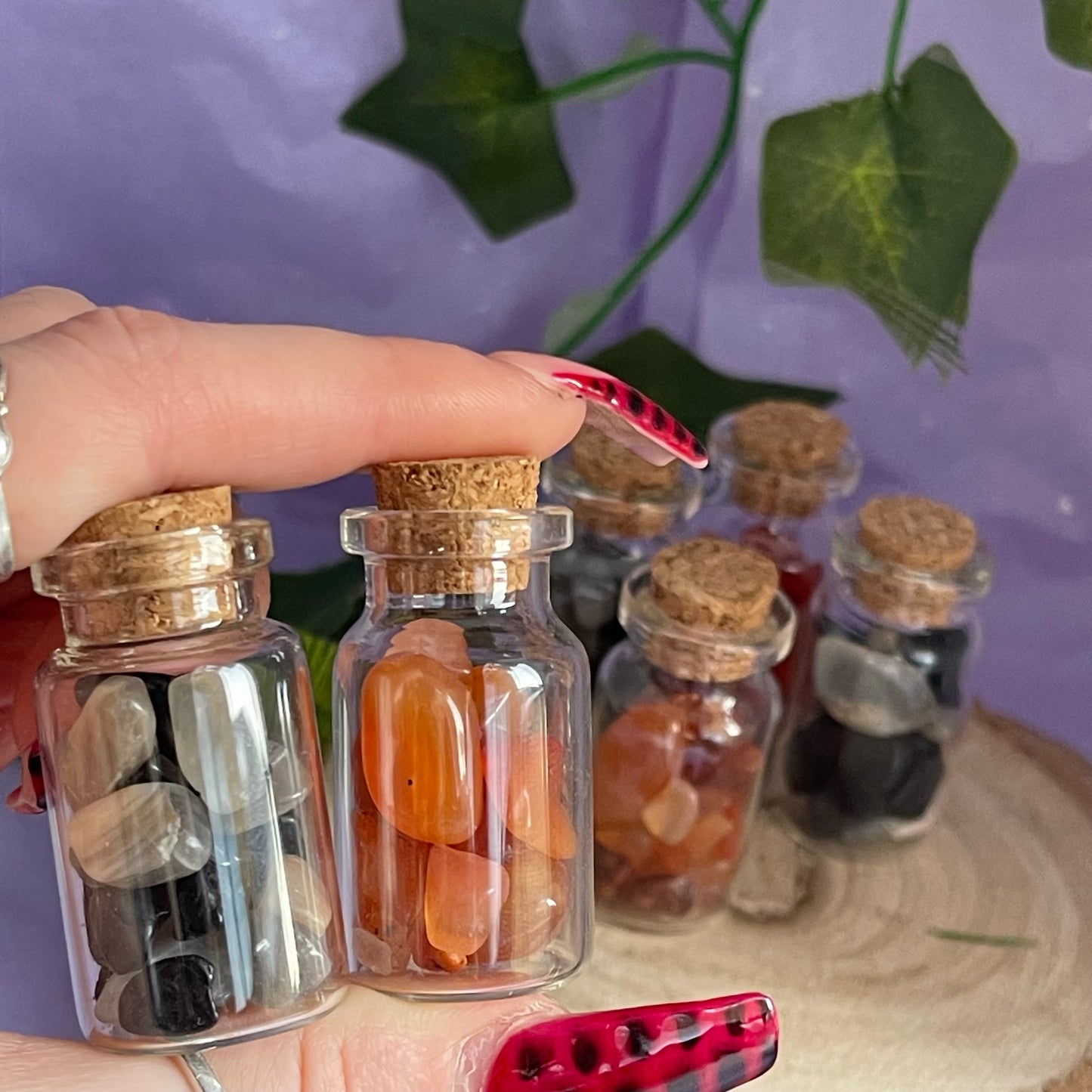 crystal vials - carnelian, black tourmaline & black moonstone