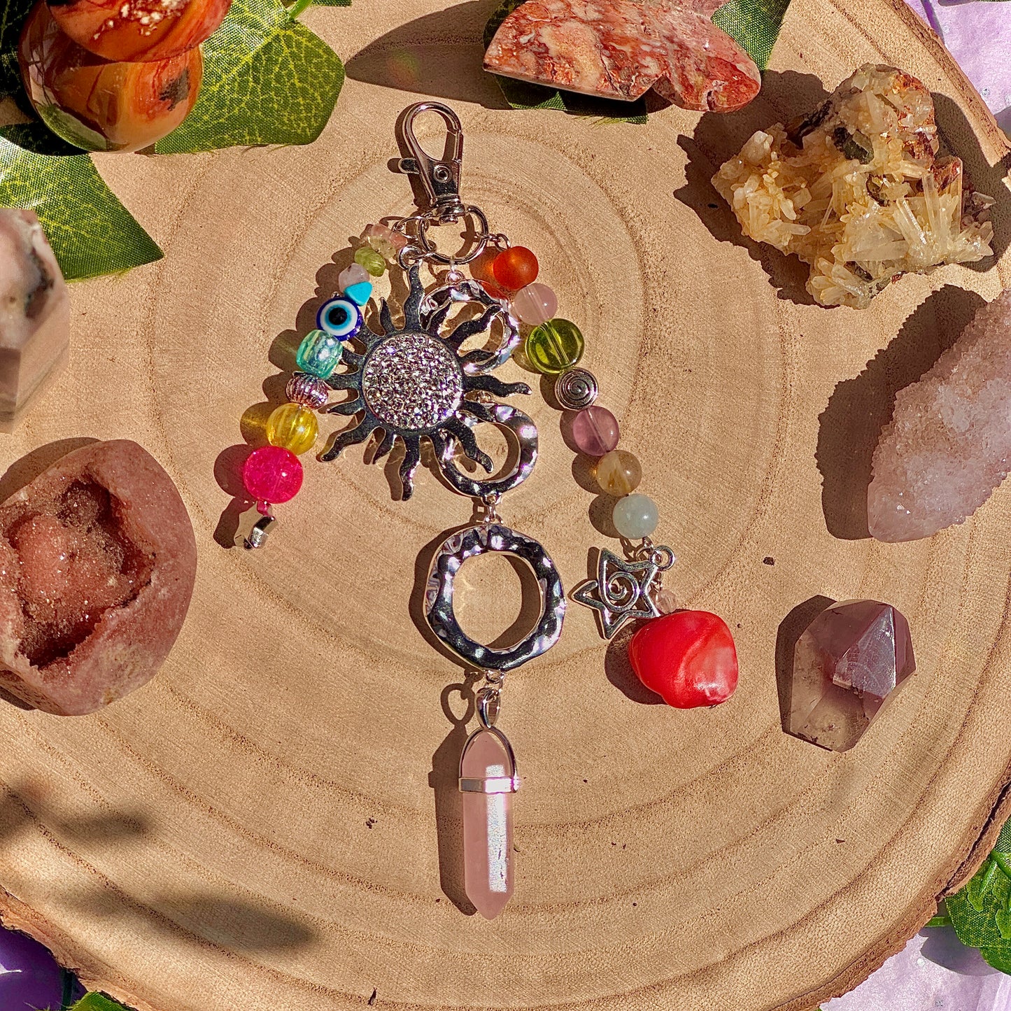 summer mixture bag charm ~ rose quartz, aquamarine, fluorite, lepidolite, peridot, citrine, blue howlite