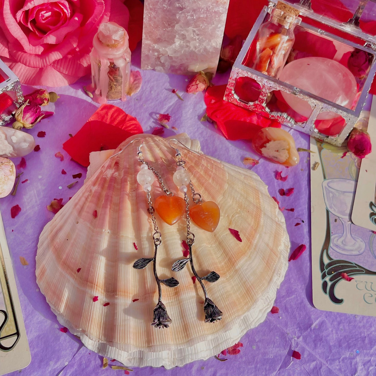 hearts & roses earrings on 925 sterling silver hooks ~ carnelian & rose quartz