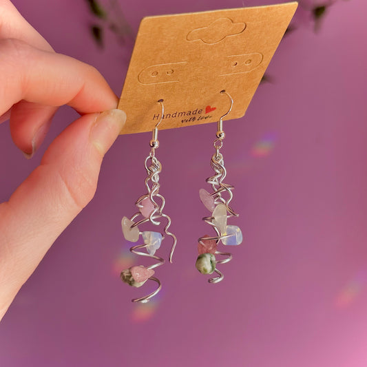 spiral earrings on 925 hooks ~ opalite, tree agate, lepidolite, strawberry quartz