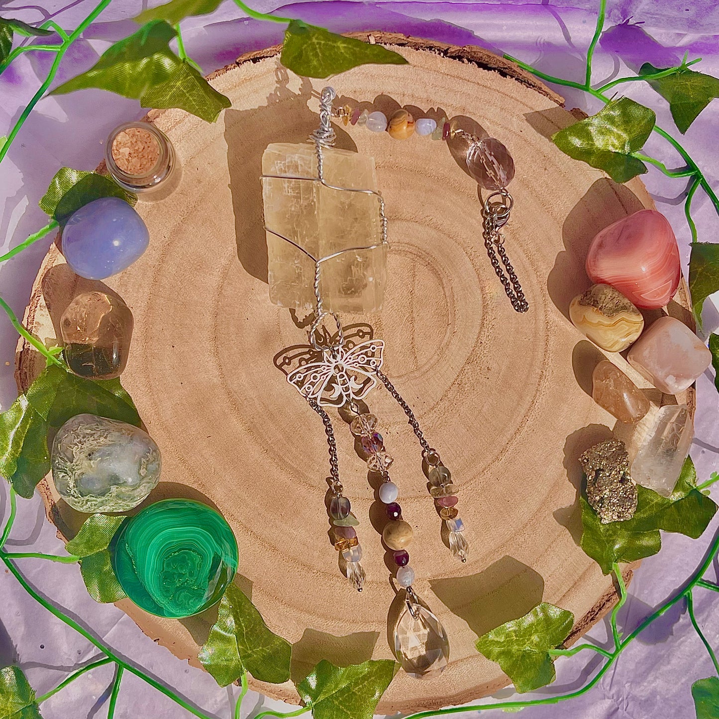 butterfly garden suncatcher / wall hanging ~ optical calcite, crazy lace, blue lace, citrine, lepidolite, fluorite & amethyst