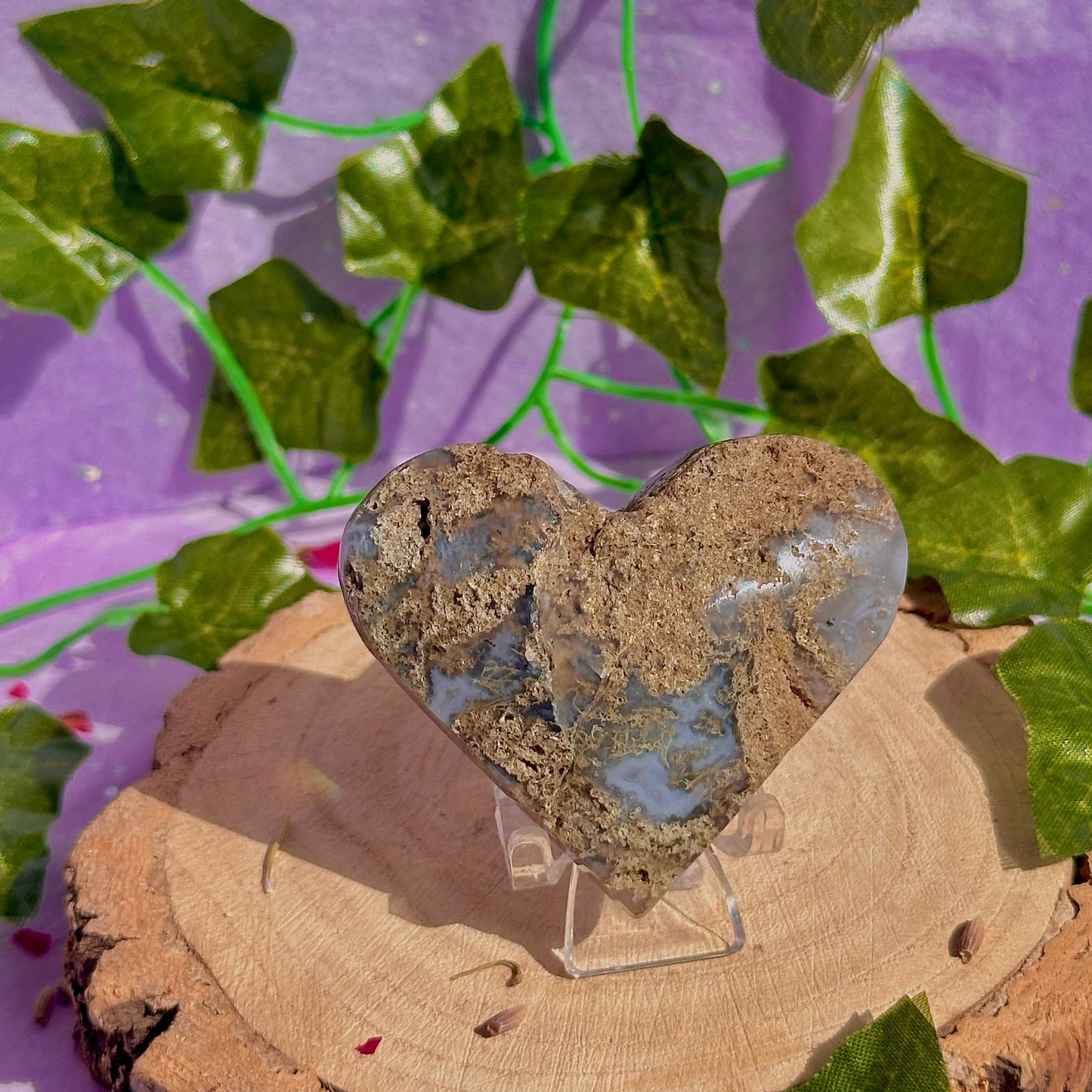 moss agate heart carving with stand