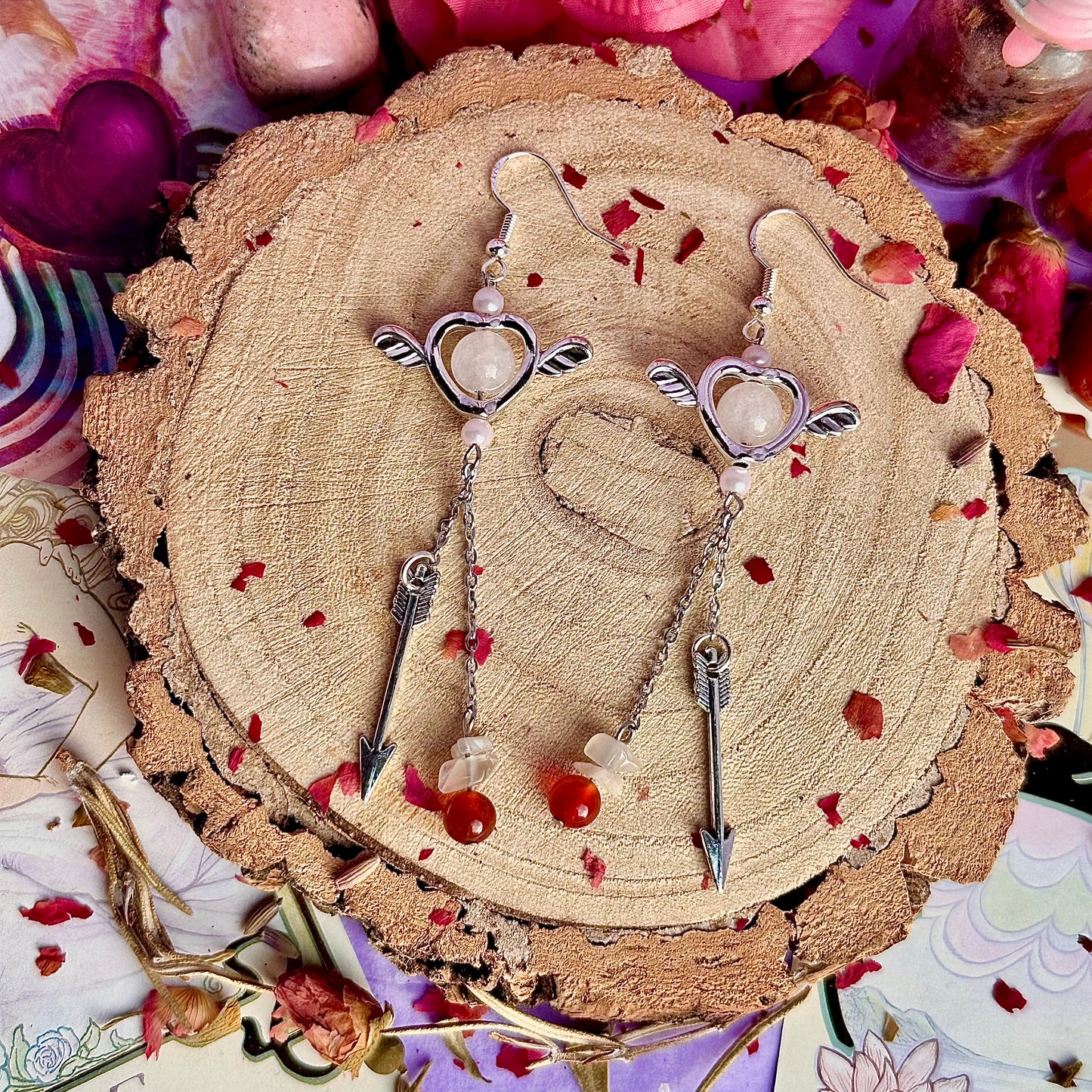 Boucles d'oreilles flèches d'anges en quartz rose, pierre de lune et cornaline ~ argent sterling sur crochets 925