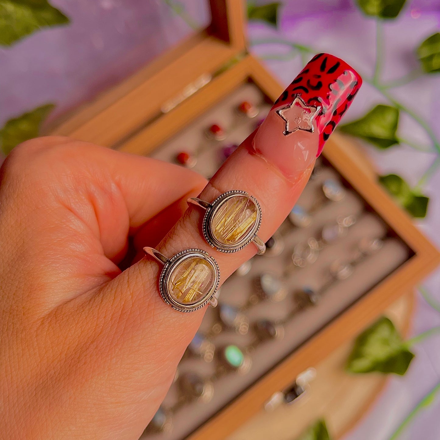 gold rutile quartz style A ~ 925 sterling silver adjustable rings / intuitively chosen