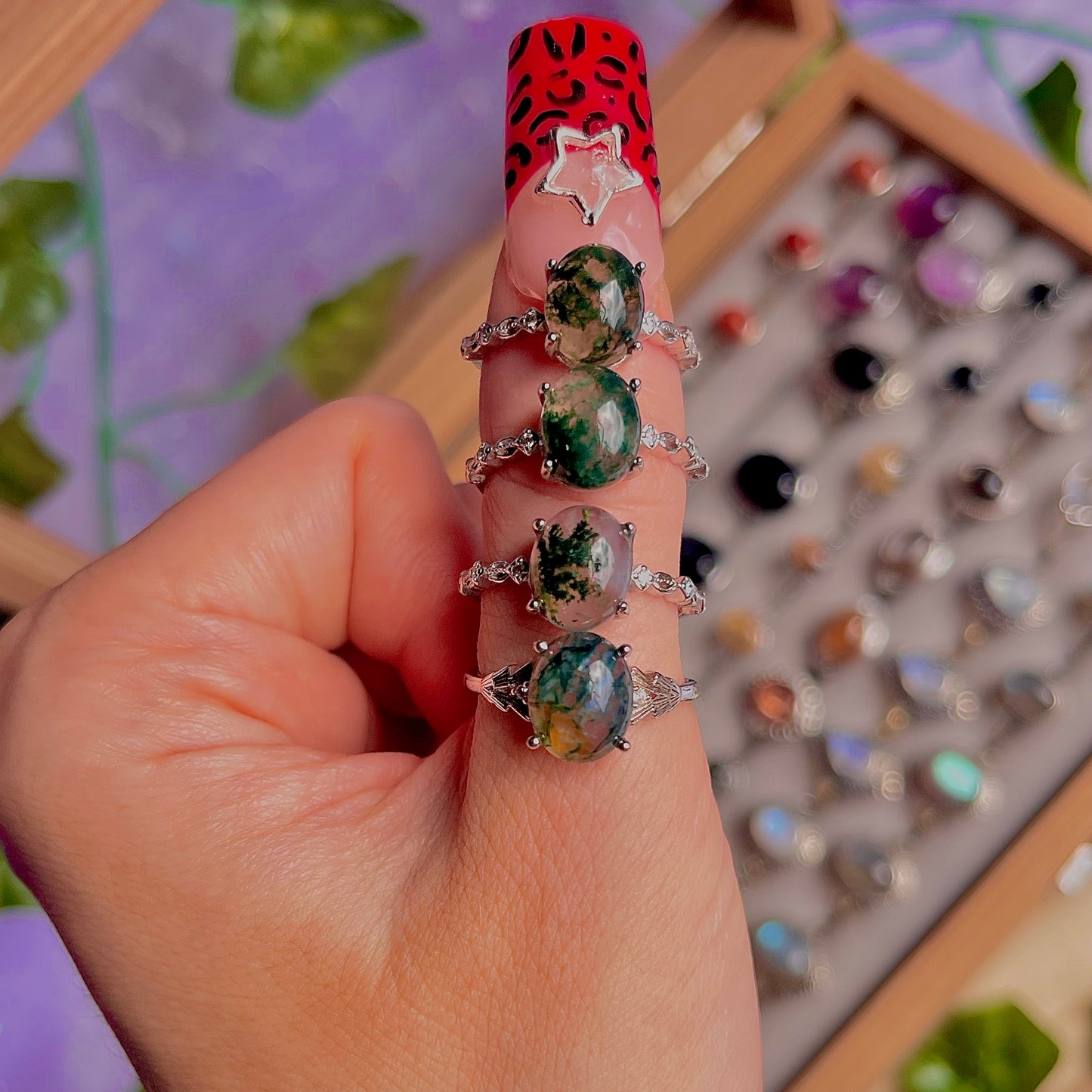 moss agate style B ~ 925 sterling silver adjustable rings / choose your own