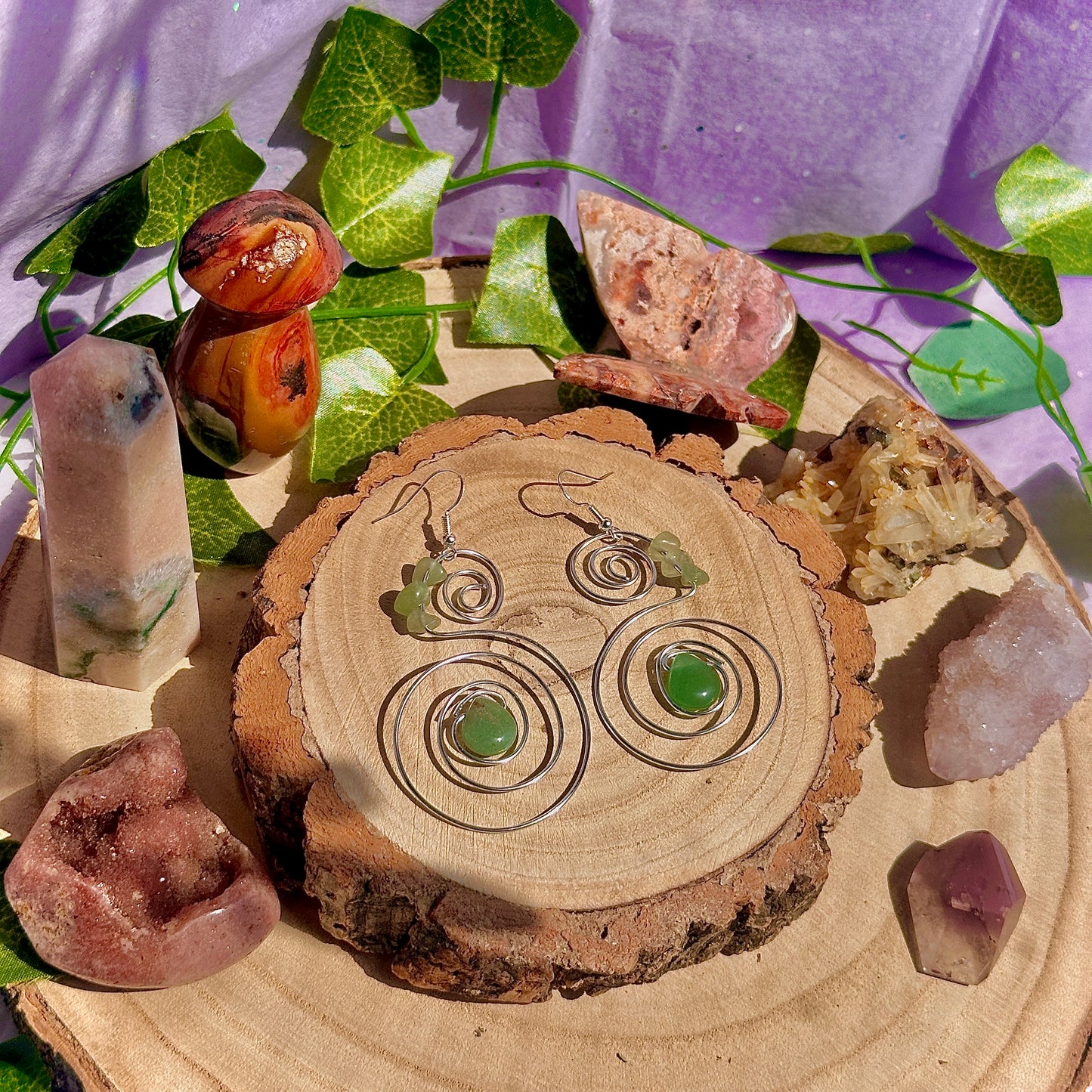 lucky spiral earrings ~ green aventurine on 925 hooks