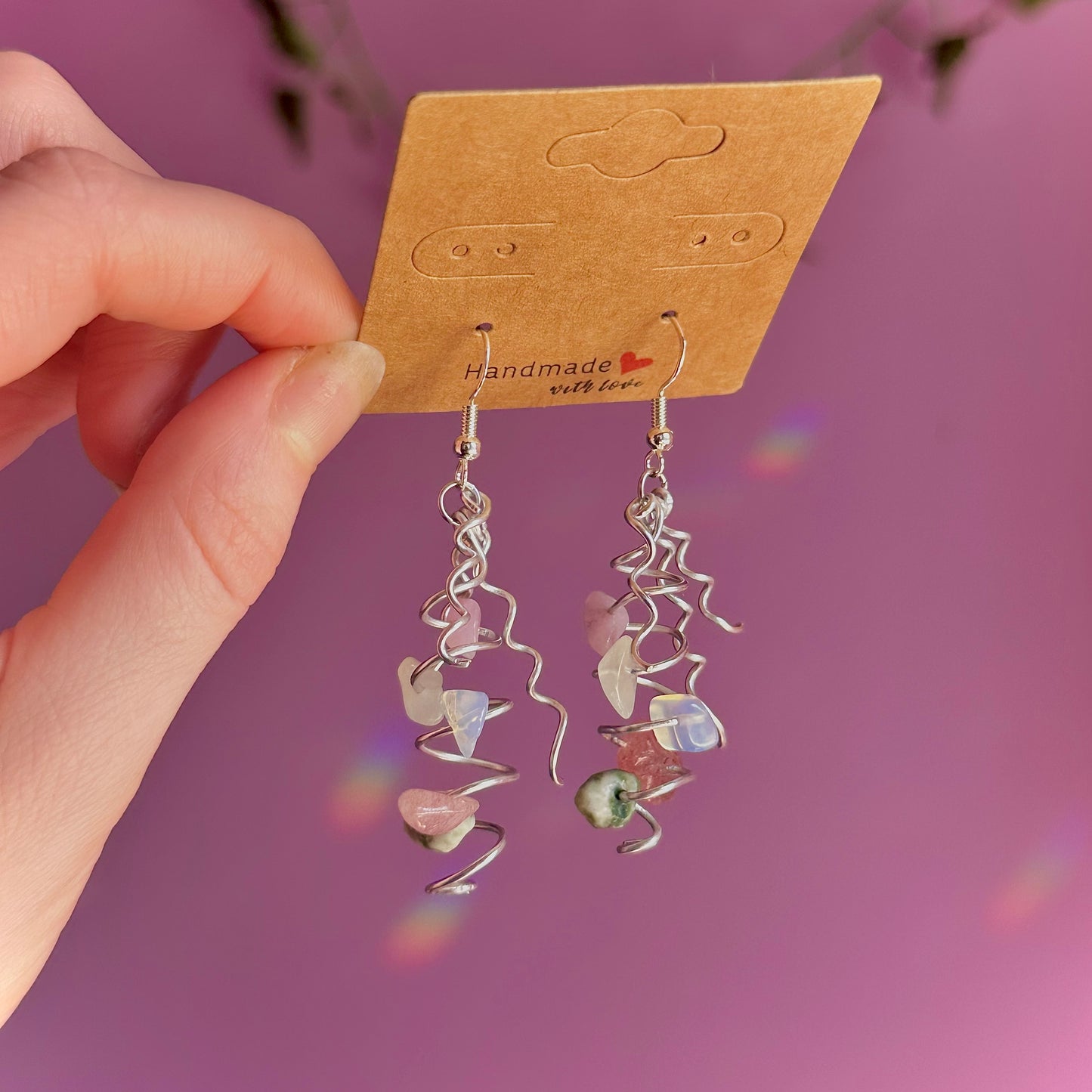 spiral earrings on 925 hooks ~ opalite, tree agate, lepidolite, strawberry quartz