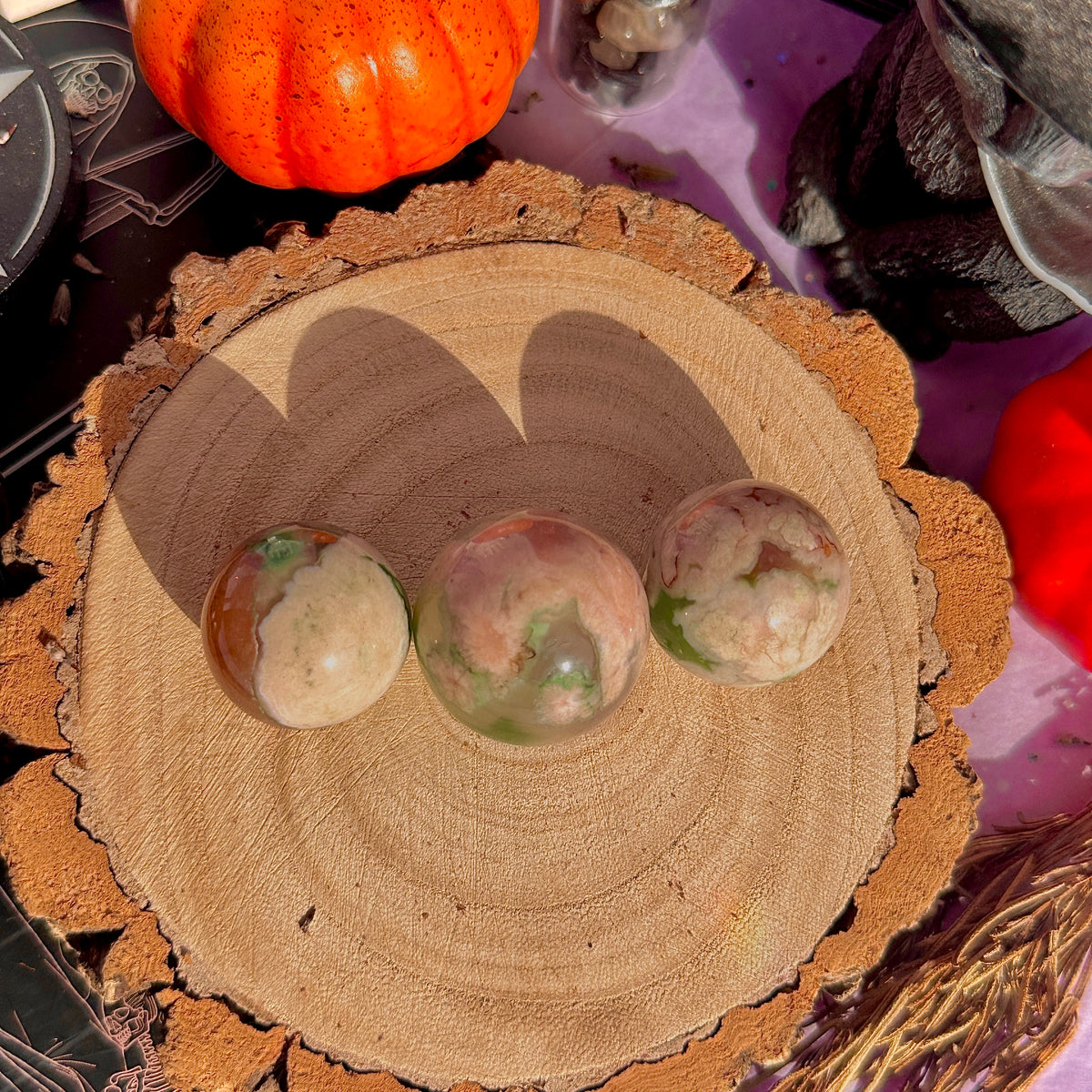 small green flower agate spheres
