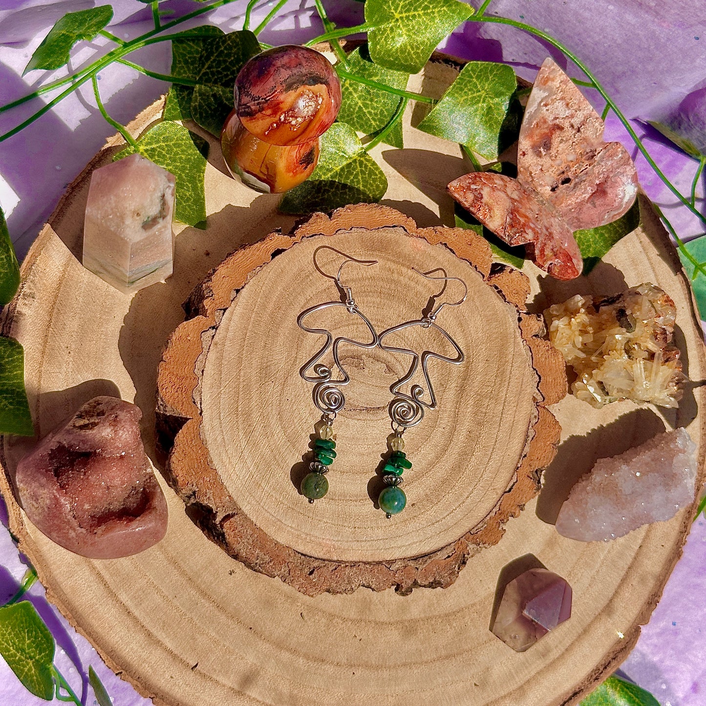 funky fungi earrings ~ moss agate, malachite on 925 hooks