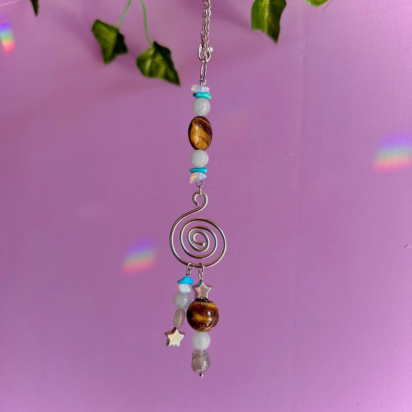 starry spiral car charm ~ aquamarine, tigers eye, opalite, dyed howlite, labradorite