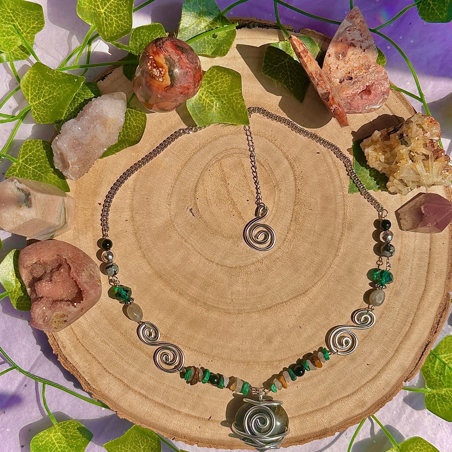 natures transformation necklace ~ labradorite, malachite, obsidian, snowflake obsidian, tigers eye, quartz