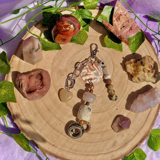 natural bag charm ~ dalmatian jasper, mookaite, ocean jasper, howlite, labradorite & orange aventurine