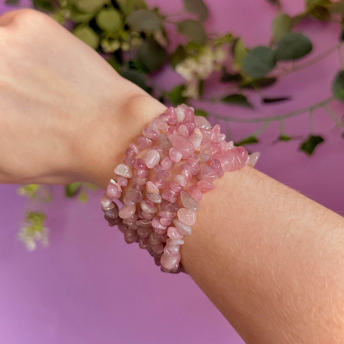 lavender rose quartz chip bracelet