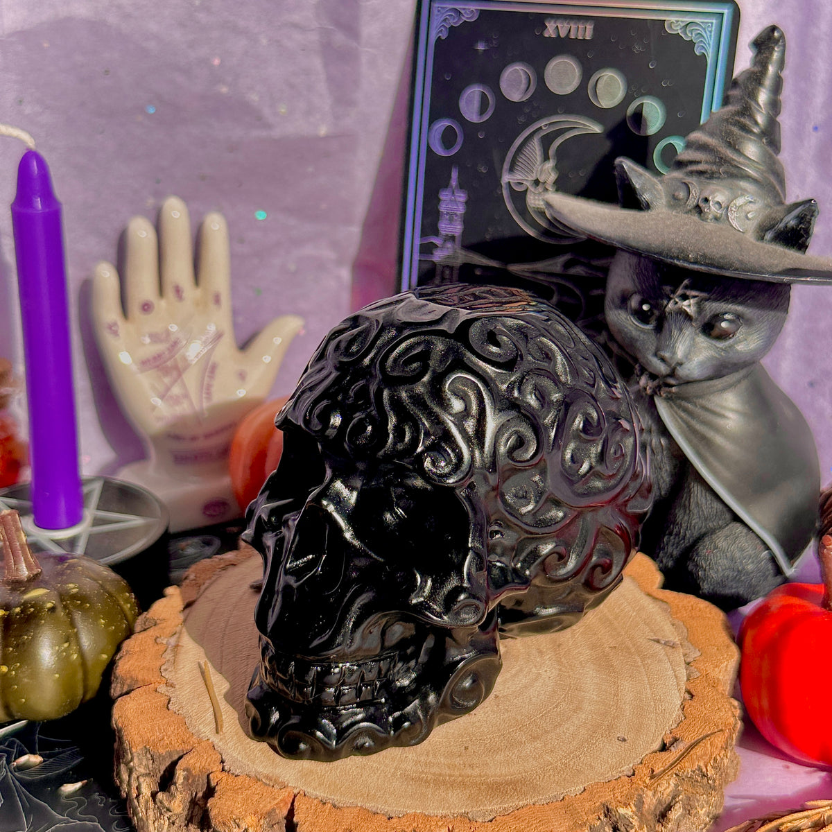 obsidian flower skull carving