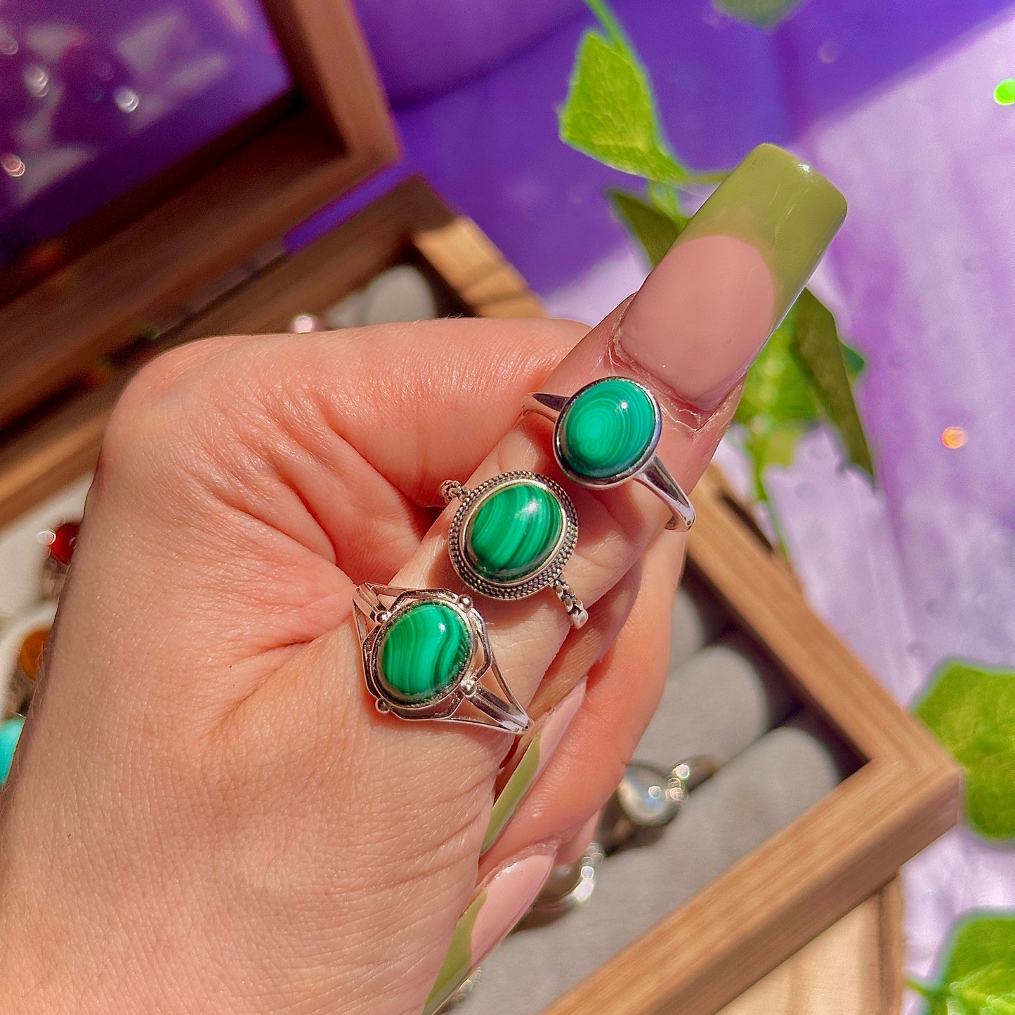 malachite 925 sterling silver adjustable ring