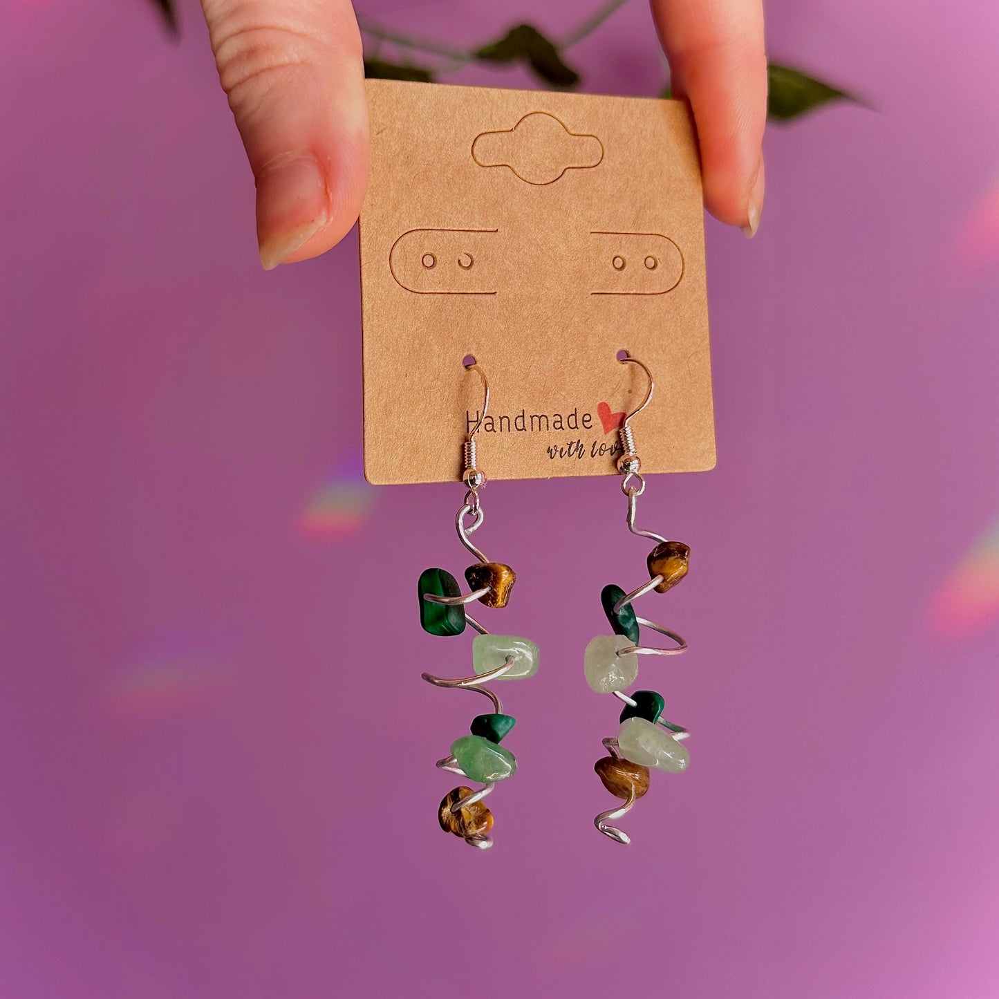 spiral earrings on 925 hooks ~ malachite, tigers eye, aventurine