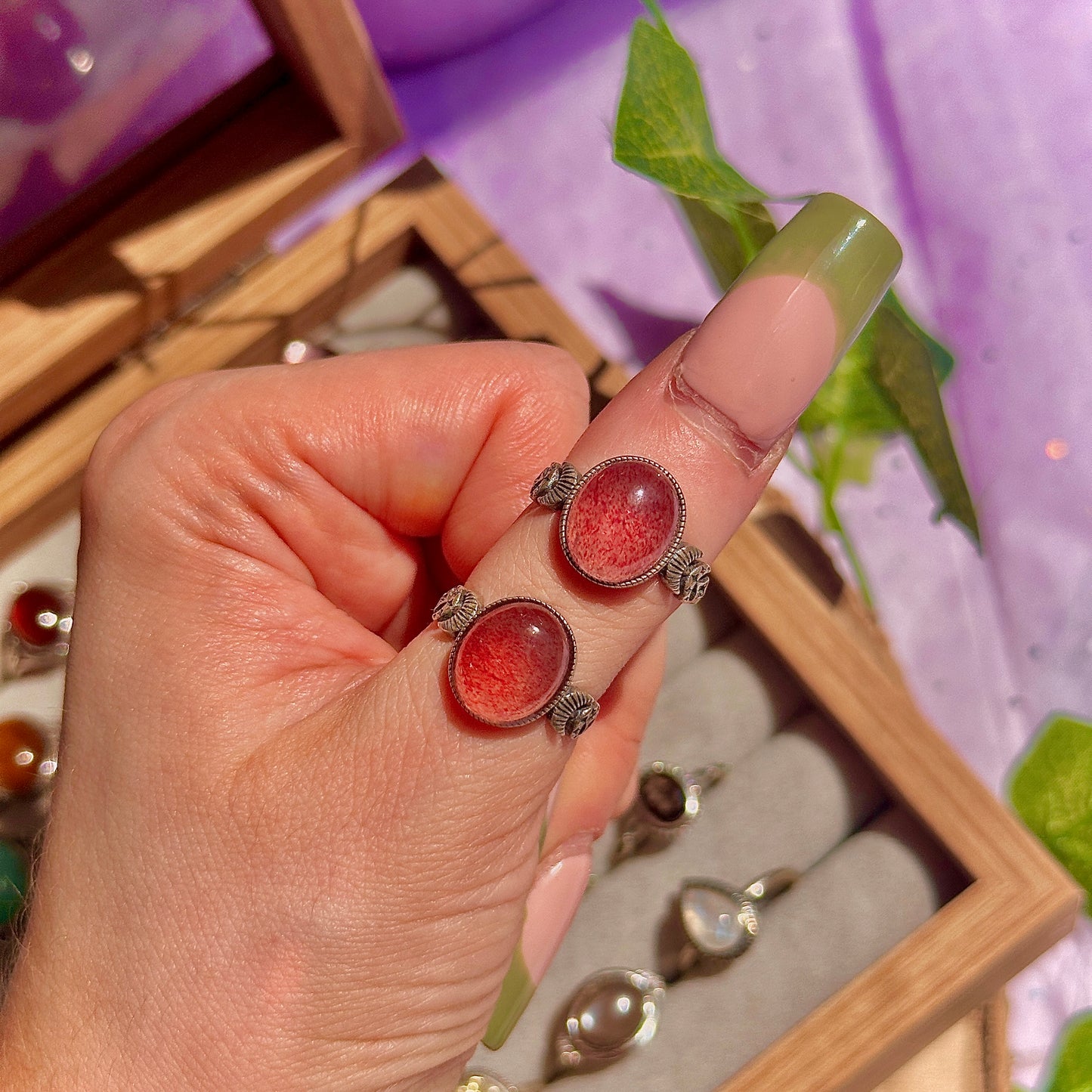 strawberry quartz 925 sterling silver adjustable ring ~ style b