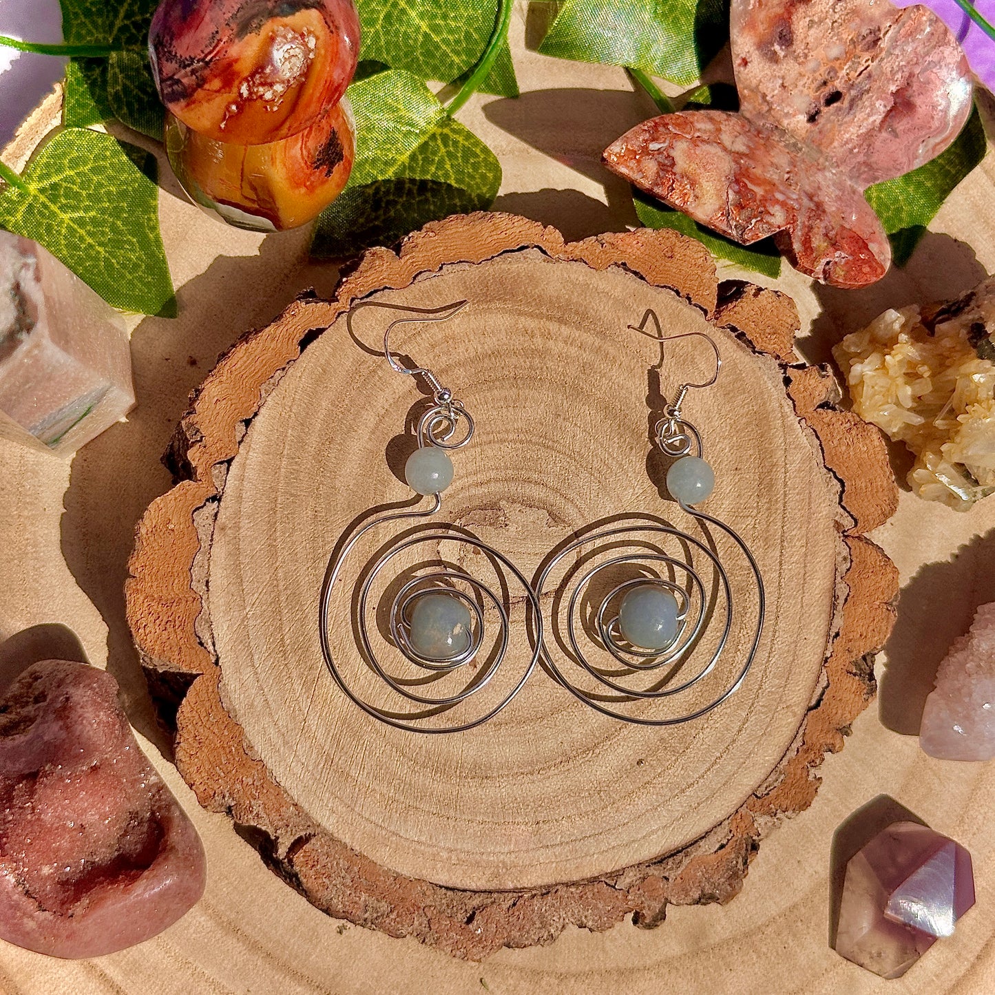 aquamarine & angelite spiral earrings ~ on 925 hooks