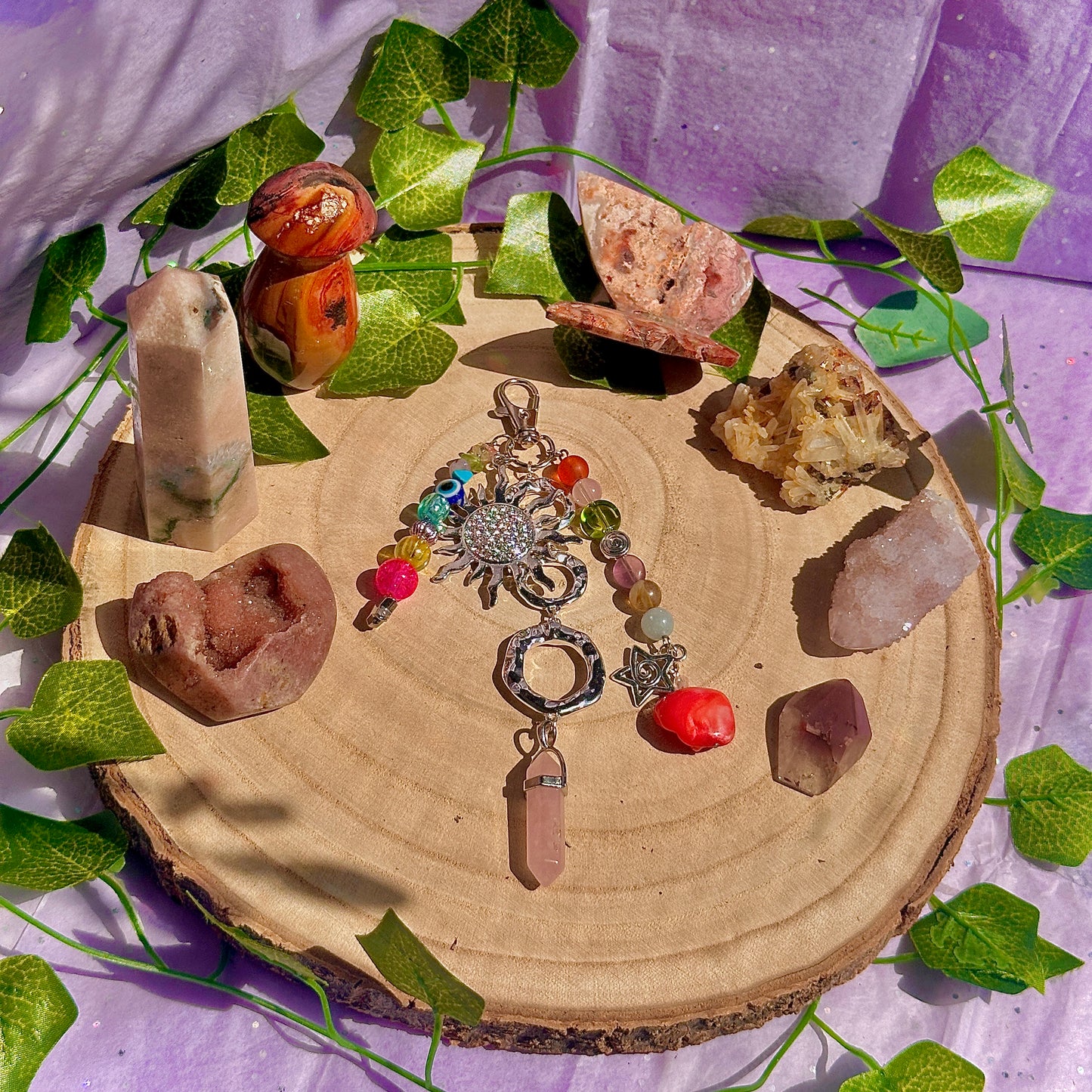 summer mixture bag charm ~ rose quartz, aquamarine, fluorite, lepidolite, peridot, citrine, blue howlite