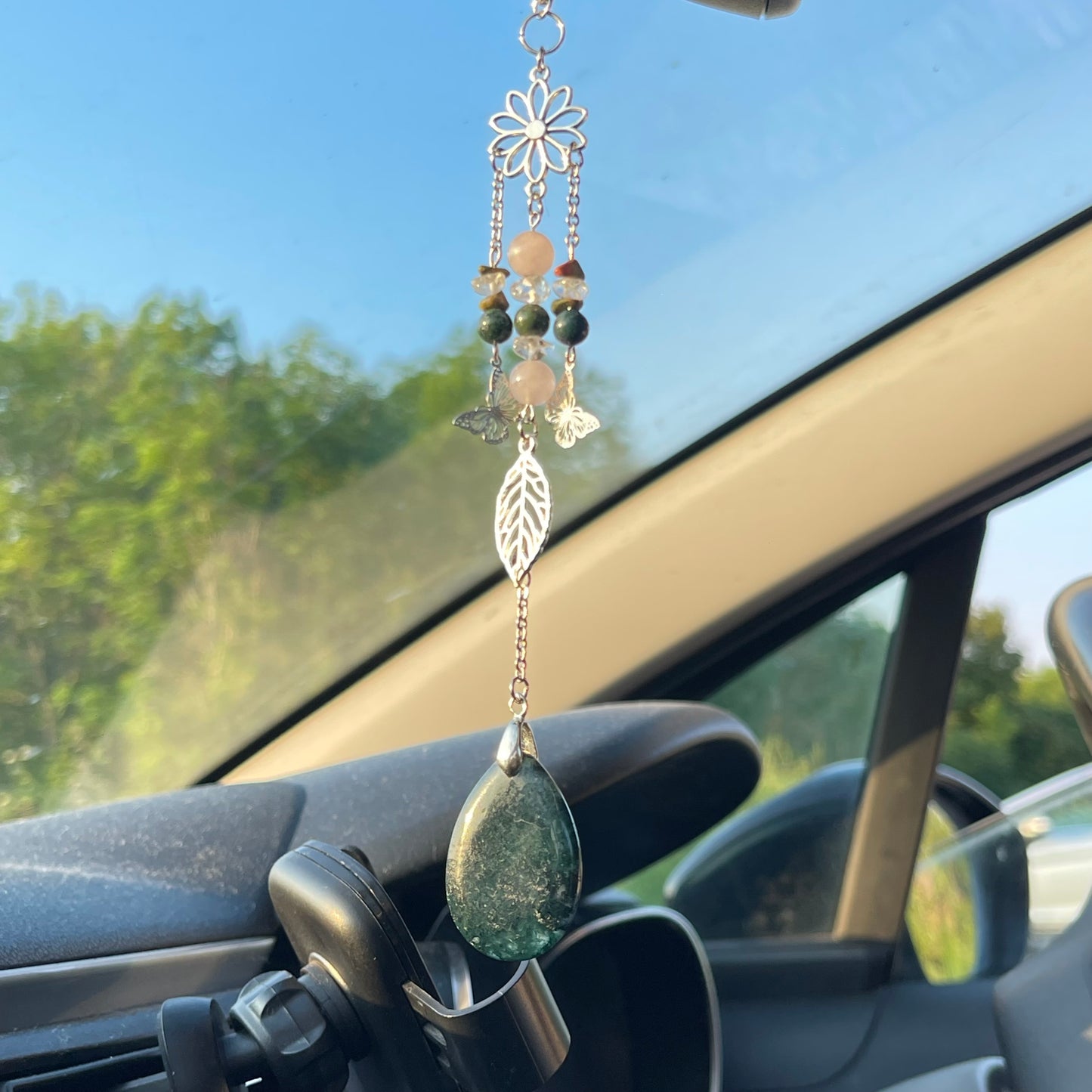 balance car charm - moss agate, unakite, rose quartz & clear quartz