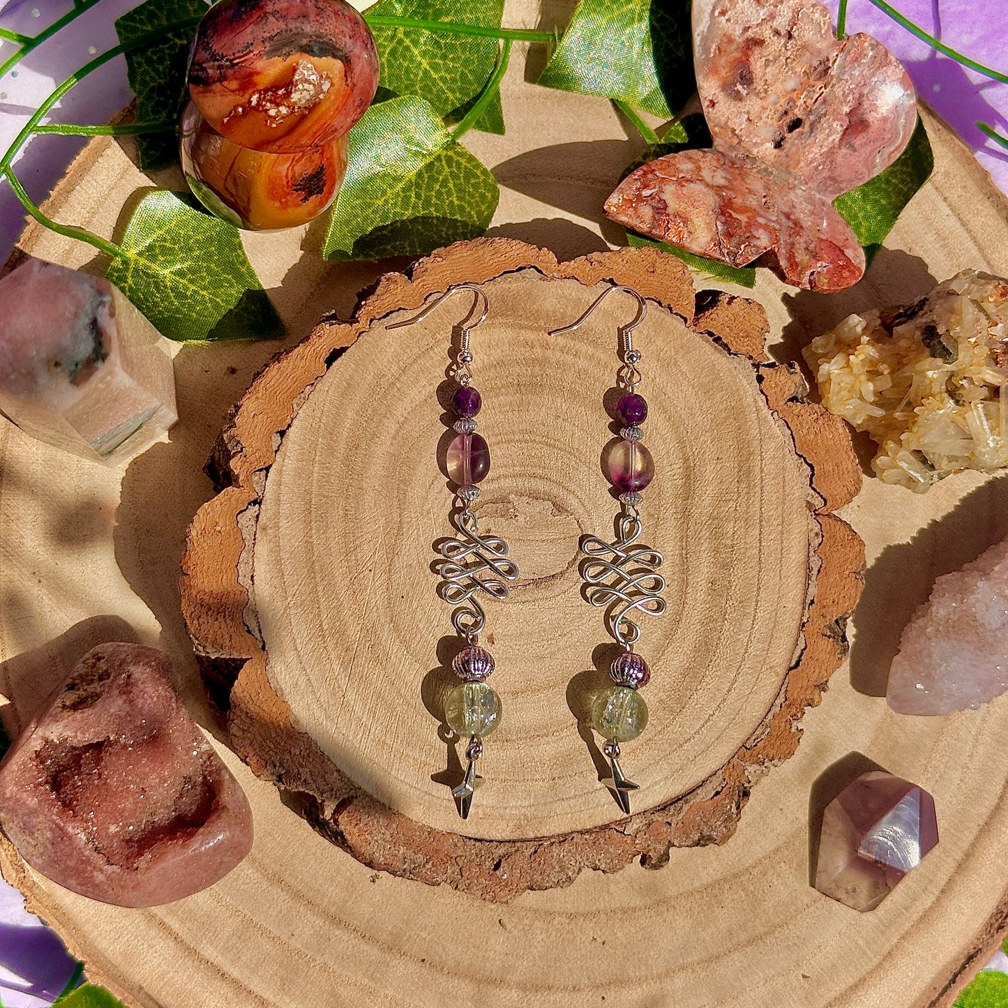 sunset lanterns earrings ~ amethyst, fluorite on 925 hooks