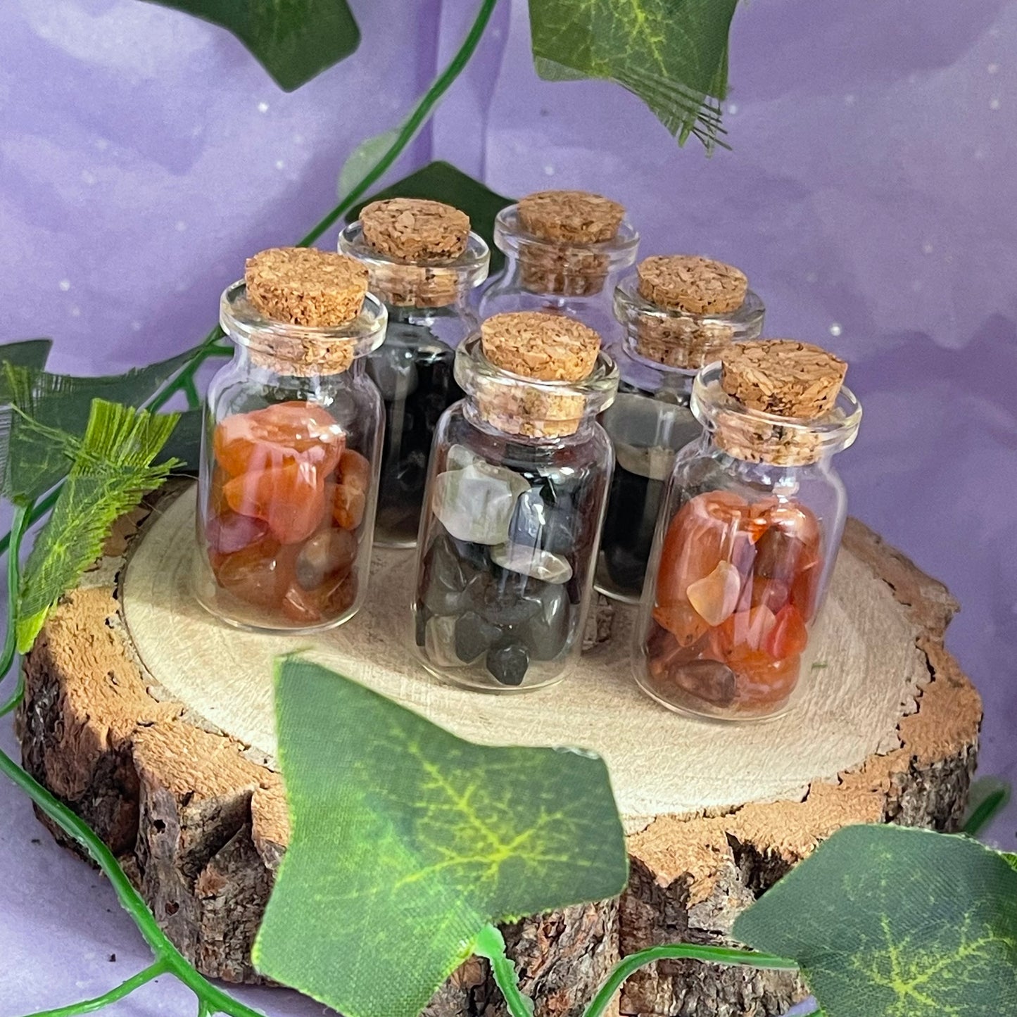 crystal vials - carnelian, black tourmaline & black moonstone