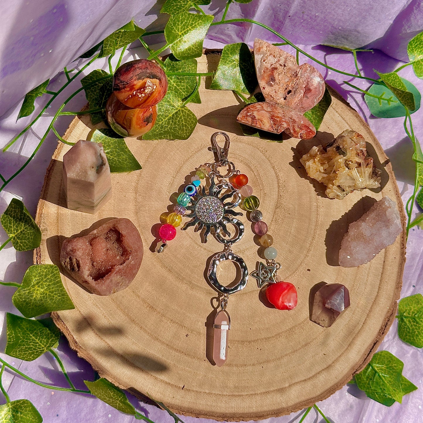 summer mixture bag charm ~ rose quartz, aquamarine, fluorite, lepidolite, peridot, citrine, blue howlite