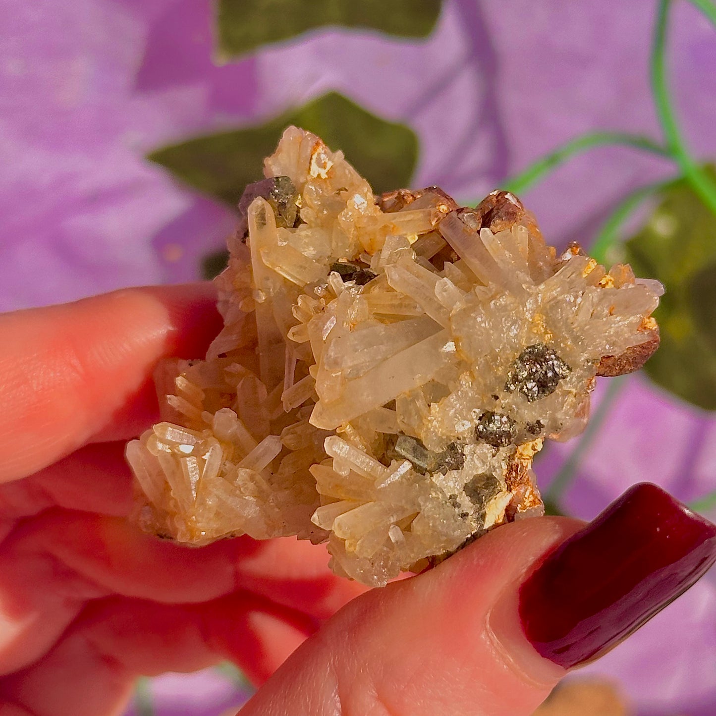 clear quartz with pyrite & golden healer inclusions cluster specimen