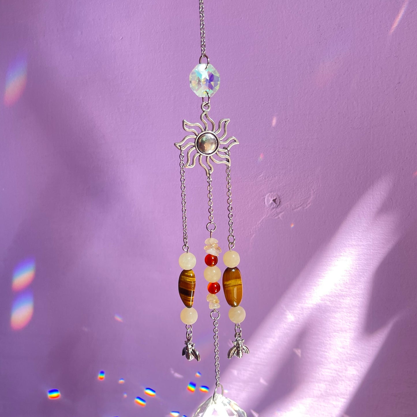 honey bee sun catcher - honey calcite, carnelian, tigers eye & calcite