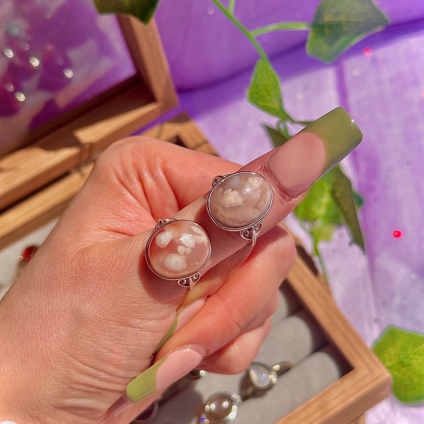 flower agate 925 sterling silver adjustable ring
