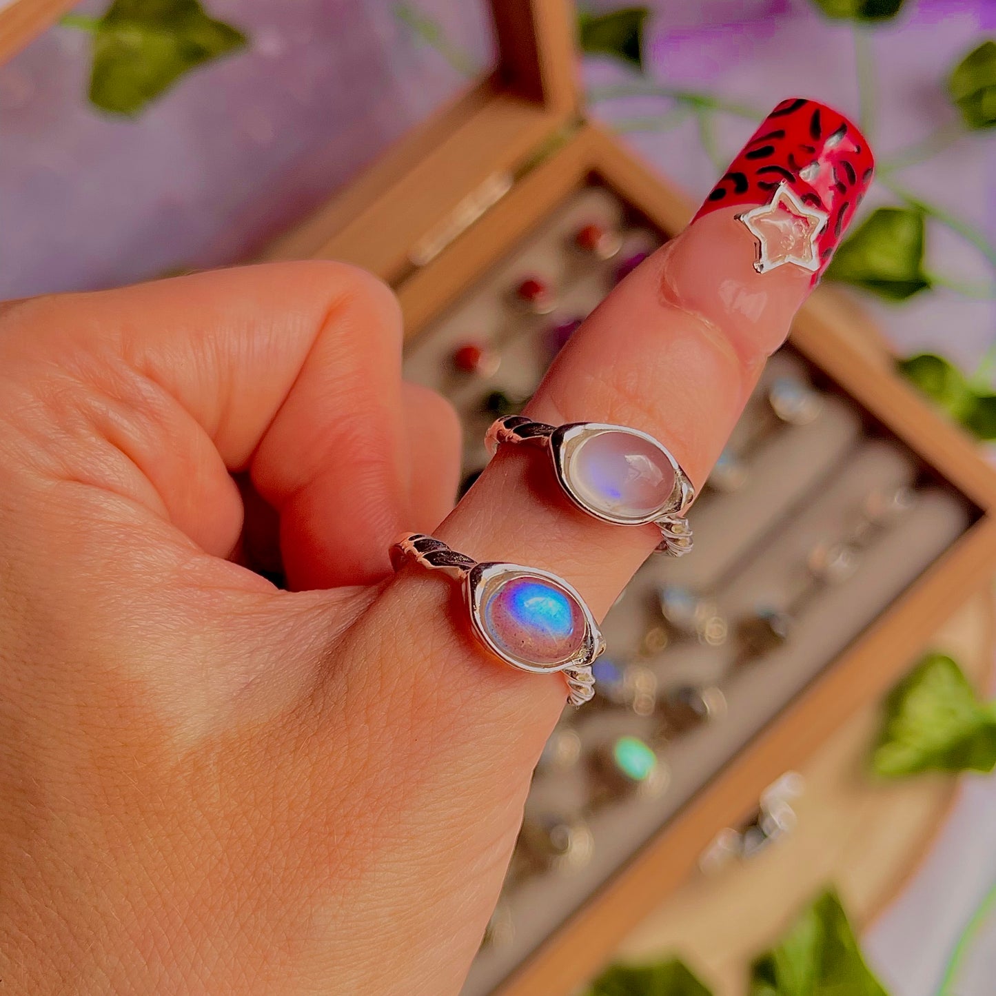 rainbow moonstone style E ~ 925 sterling silver adjustable rings / intuitively chosen